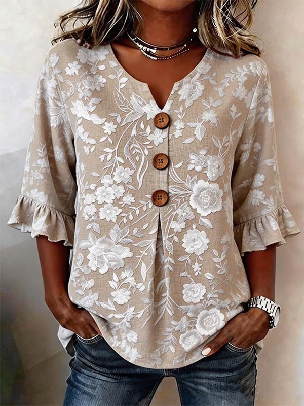 ⏰Last Day 49% Off⏰Women's Casual V-Neck Printed Cotton-Linen Top- Fast Shipping