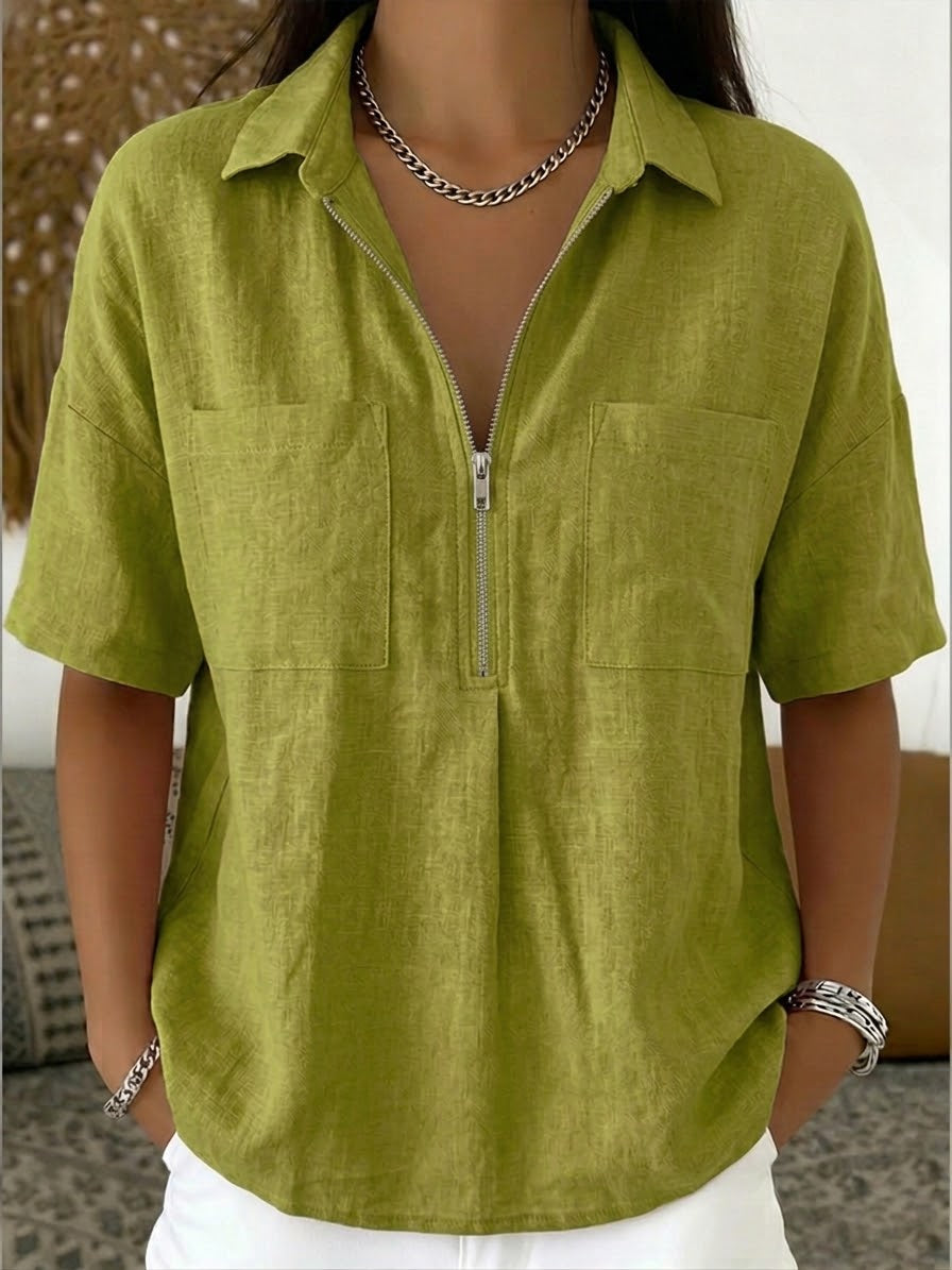 Casual Half-zip Linen And Cotton Shirt