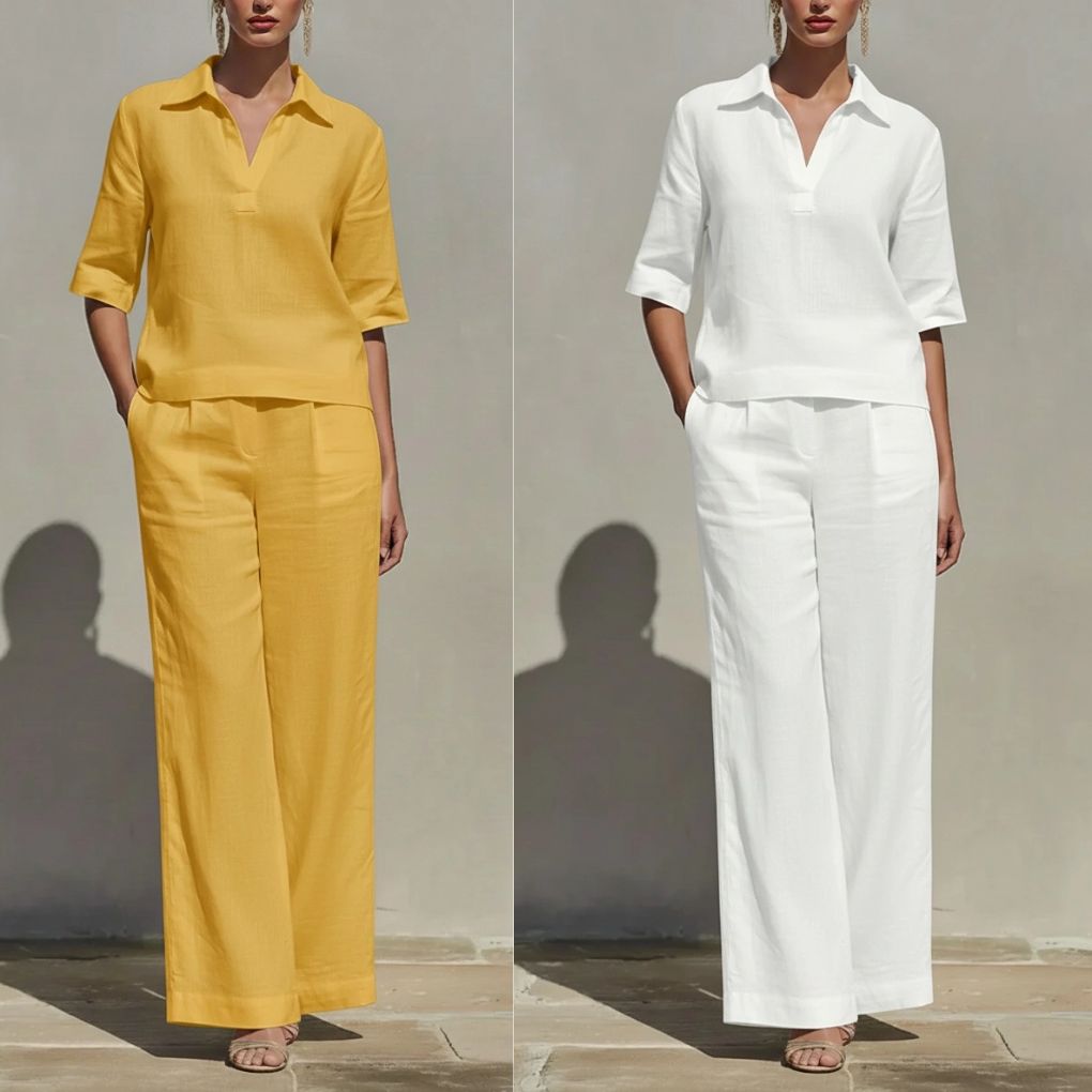 Women's Casual Linen And Cotton Shirt And Wide-leg Pants Two-piece Set