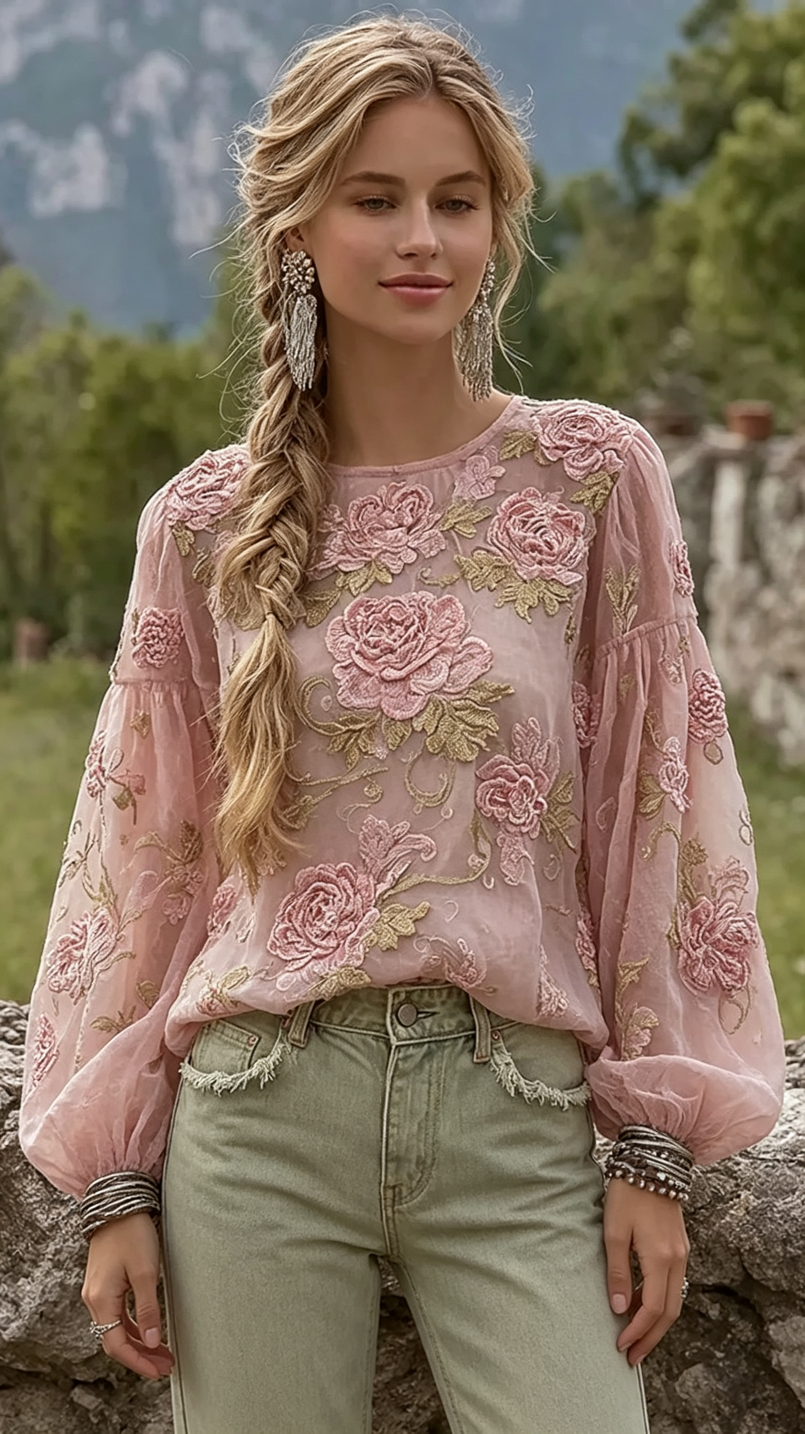 Elegant Bohemian-style Pink Rose Embroidered Comfortable Casual Linen Waist-cinching Top