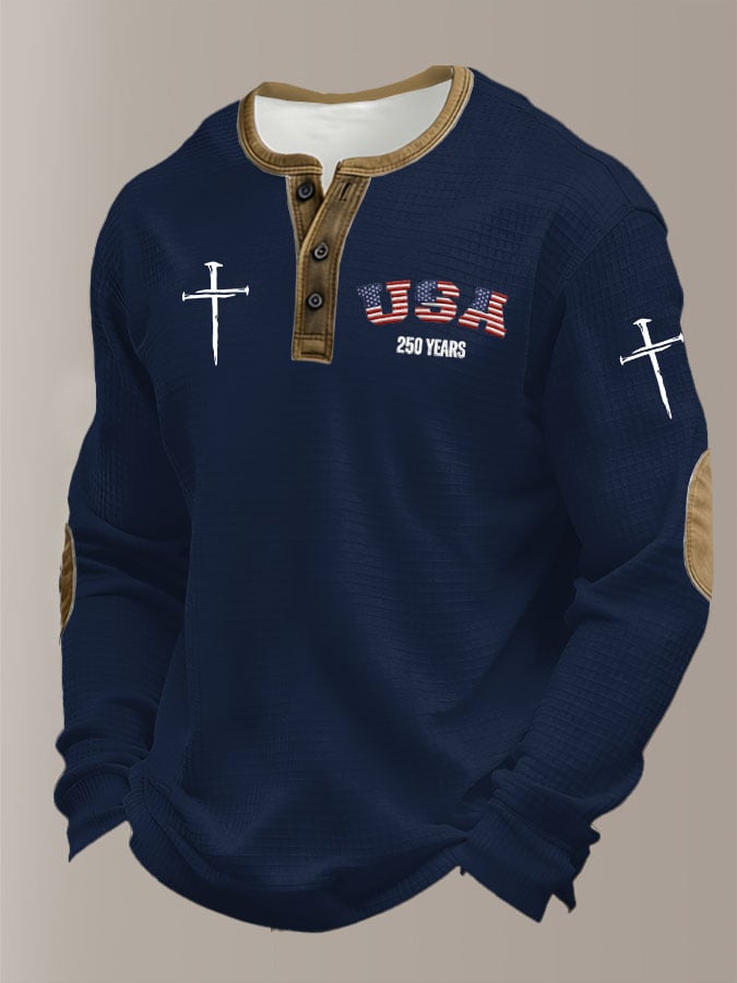 Men's Retro Usa 250 Years Print Henley Shirt