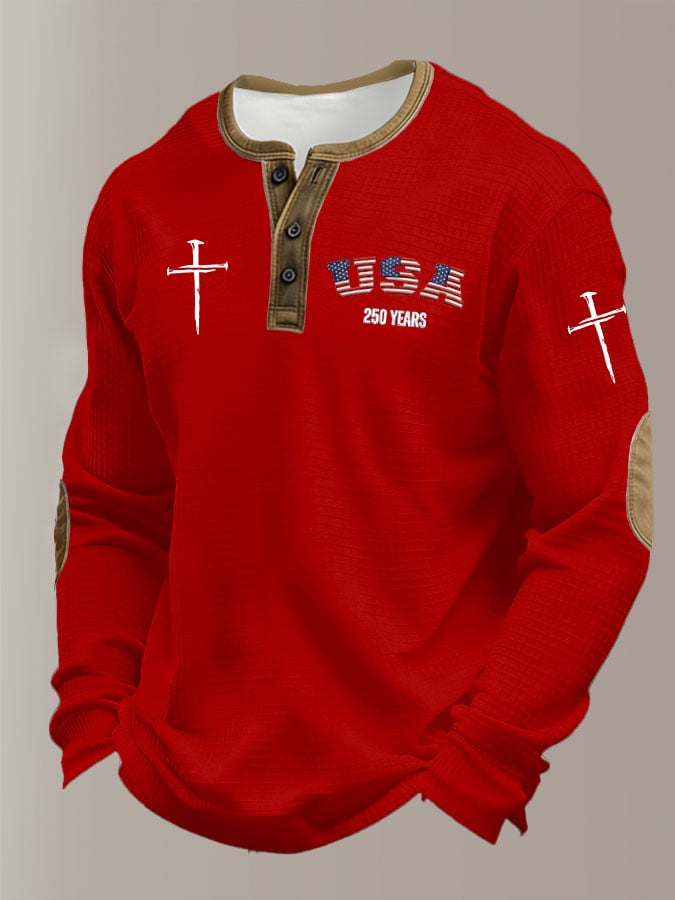 Men's Retro Usa 250 Years Print Henley Shirt