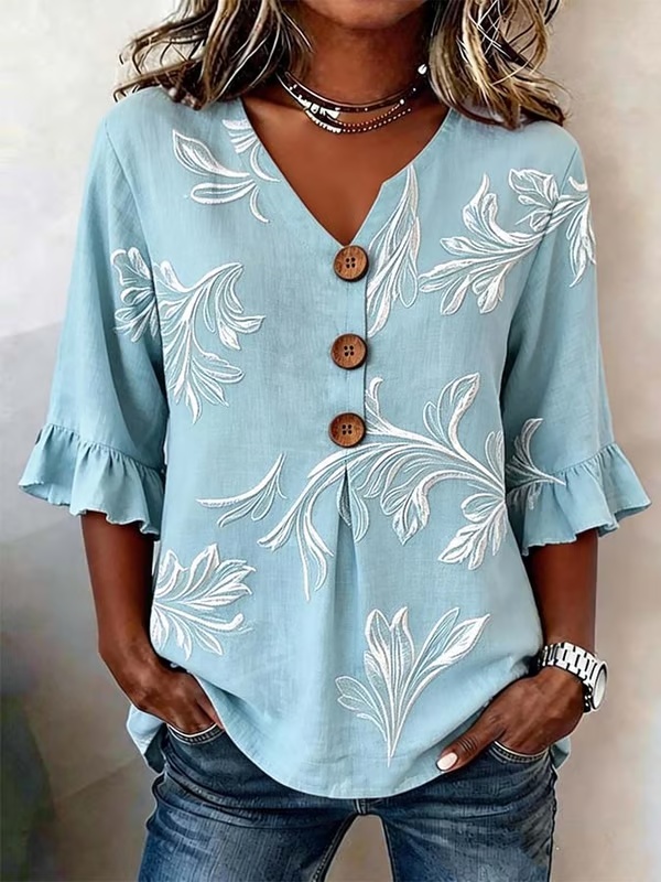 ⏰Last Day 49% Off⏰Women's Casual V-Neck Printed Cotton-Linen Top- Fast Shipping