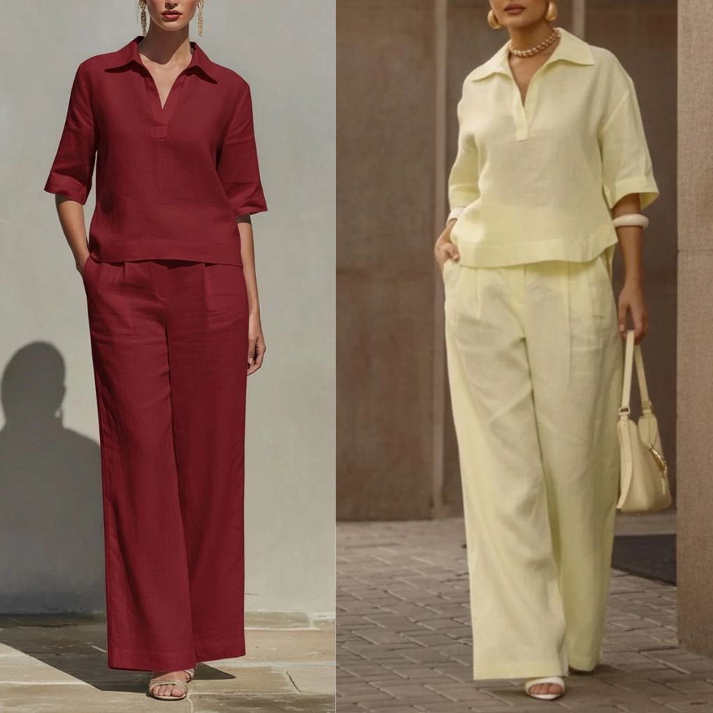 Women's Casual Linen And Cotton Shirt And Wide-leg Pants Two-piece Set
