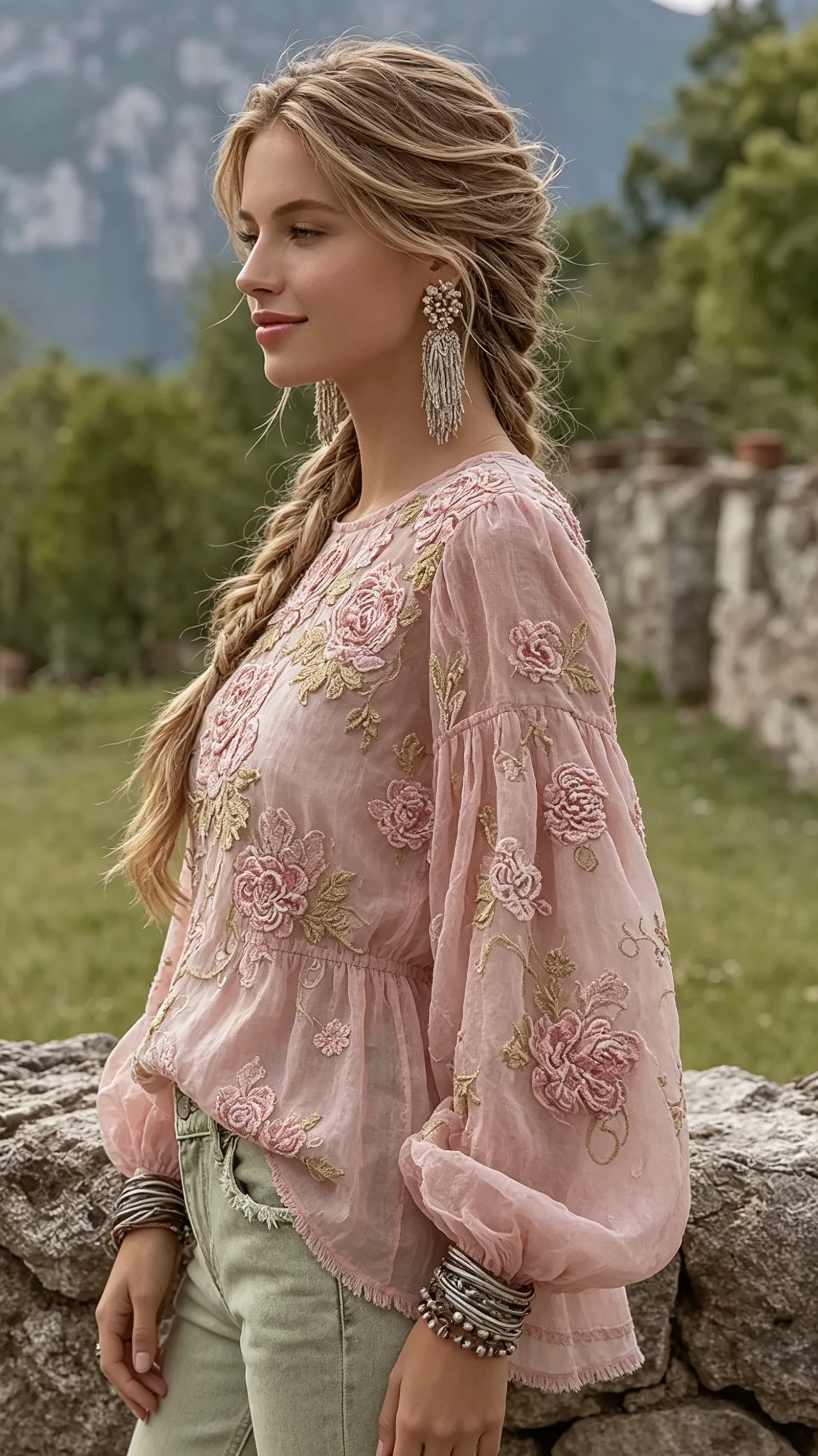 Elegant Bohemian-style Pink Rose Embroidered Comfortable Casual Linen Waist-cinching Top
