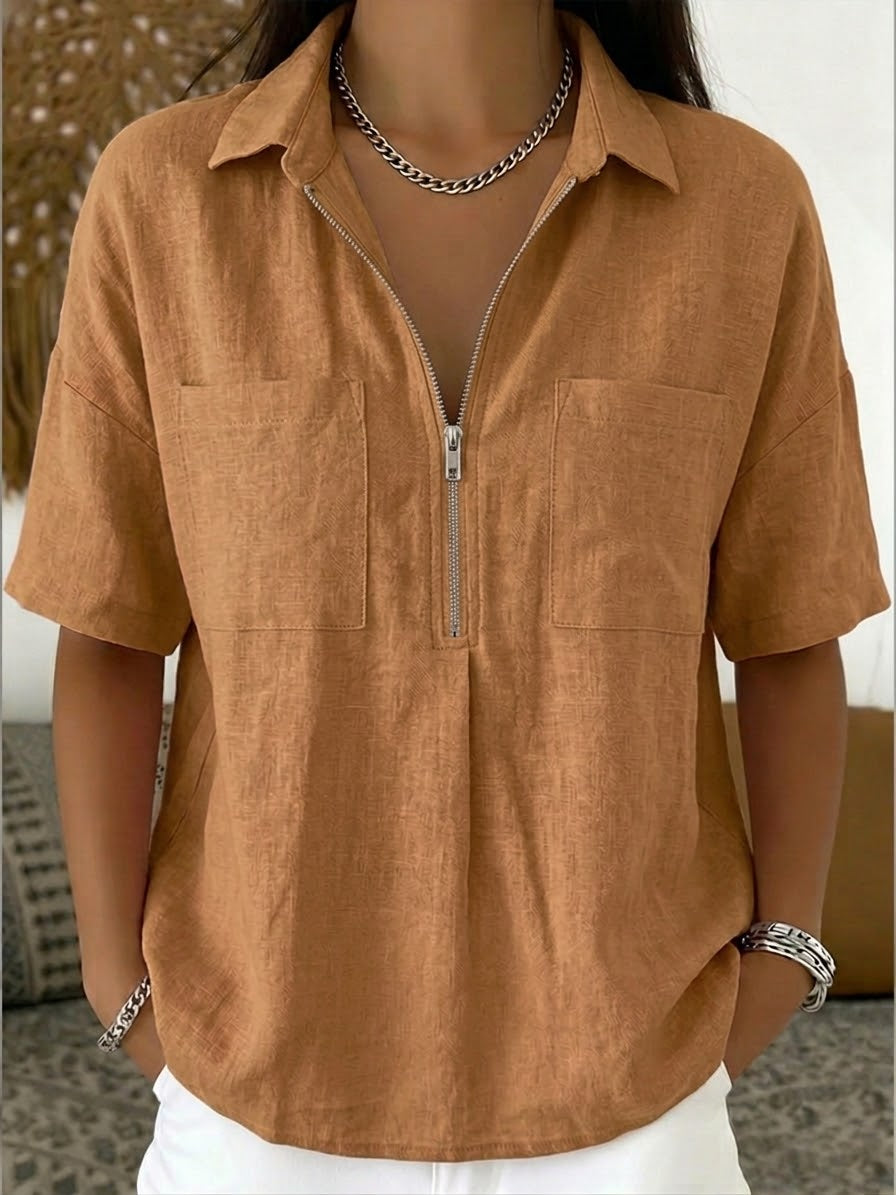 Casual Half-zip Linen And Cotton Shirt