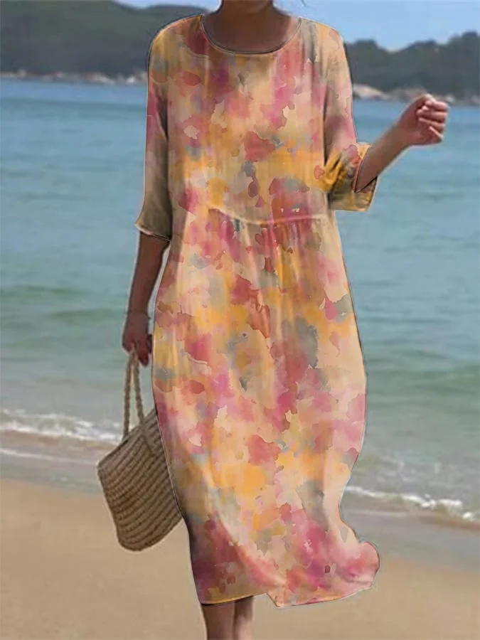 Women's Casual Solid Color Round Neck Mid-Sleeve Floral Print Cotton Linen Dress
