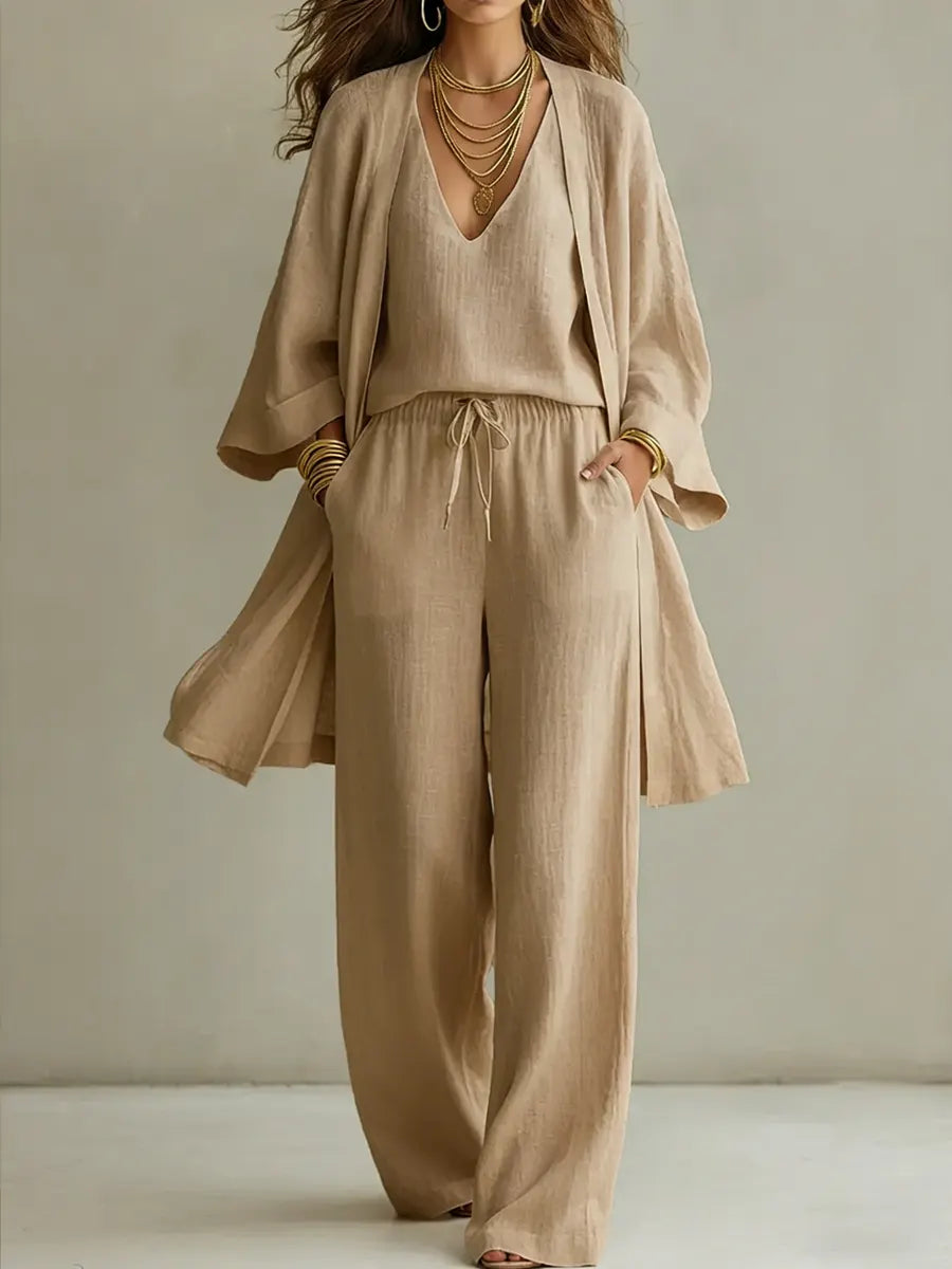 Women's Minimalist Cotton And Linen Wide-leg Pants Three-piece Set