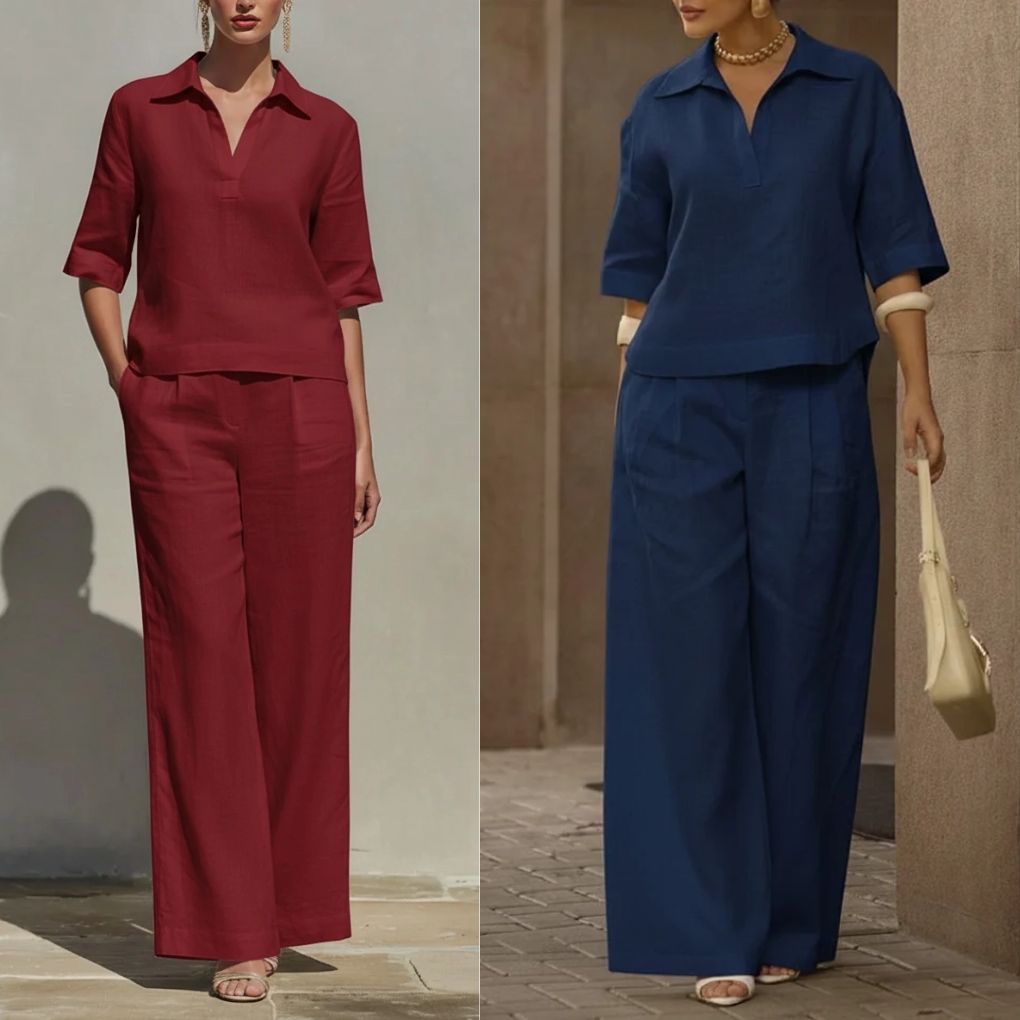 Women's Casual Linen And Cotton Shirt And Wide-leg Pants Two-piece Set