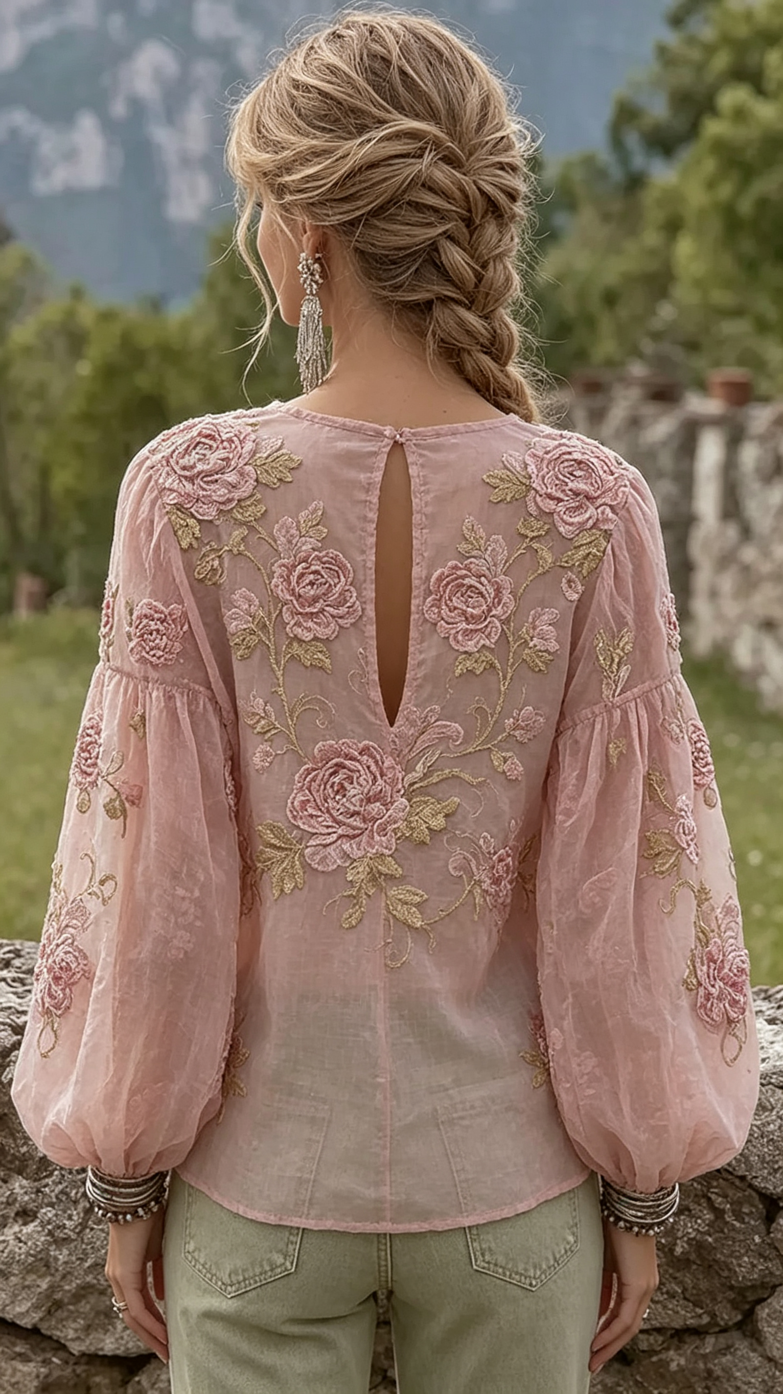 Elegant Bohemian-style Pink Rose Embroidered Comfortable Casual Linen Waist-cinching Top