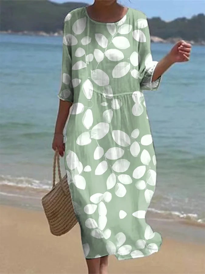 Women's Casual Solid Color Round Neck Mid-Sleeve Floral Print Cotton Linen Dress