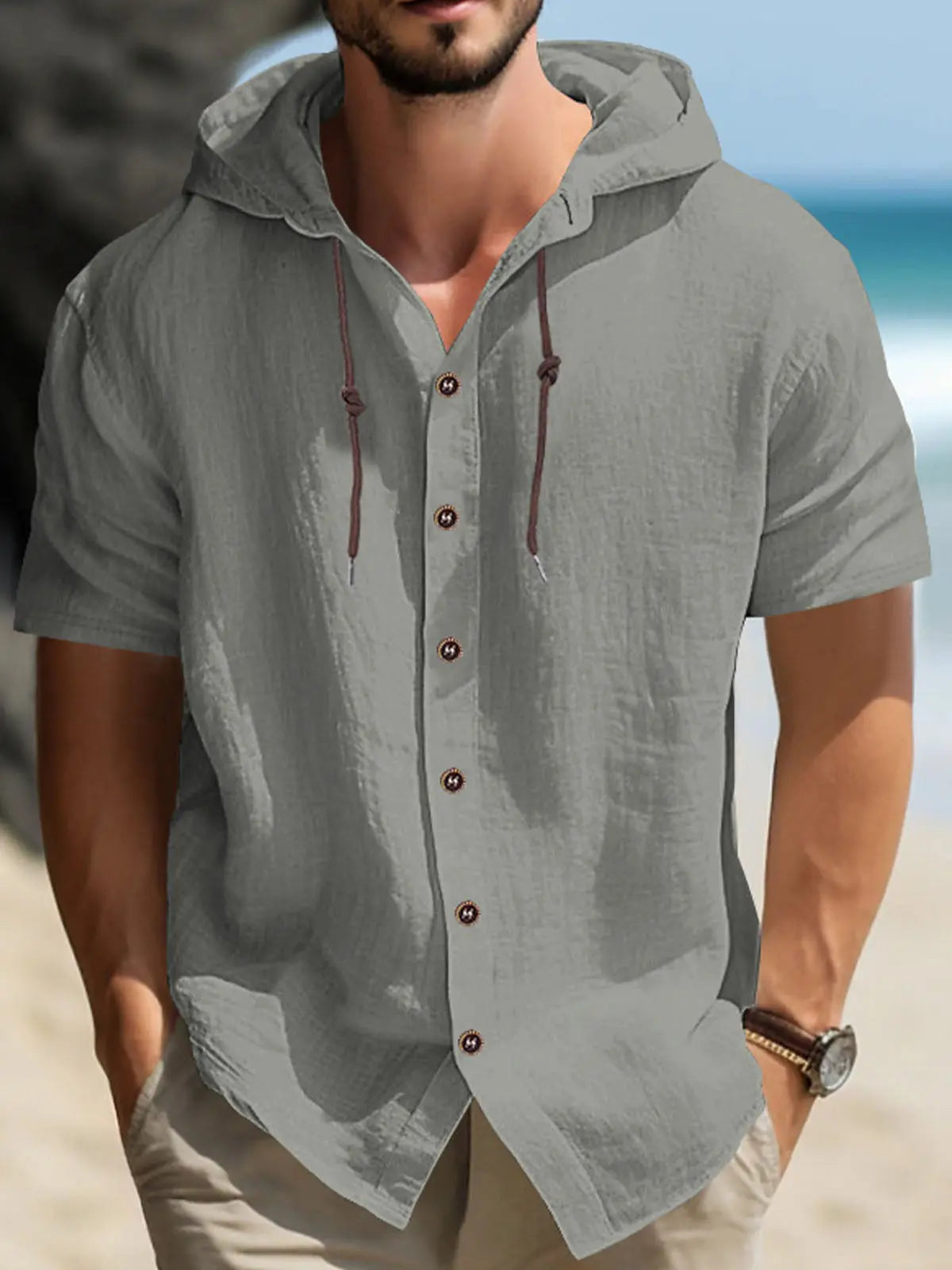 Men's Linen Blend Hooded Short Sleeve Shirt