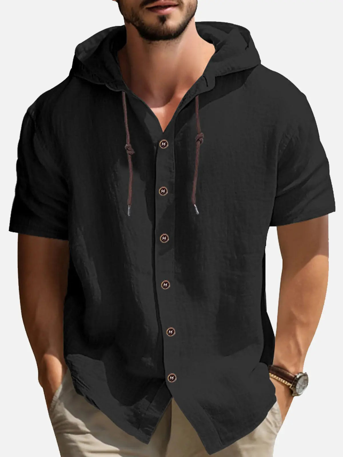 Men's Linen Blend Hooded Short Sleeve Shirt