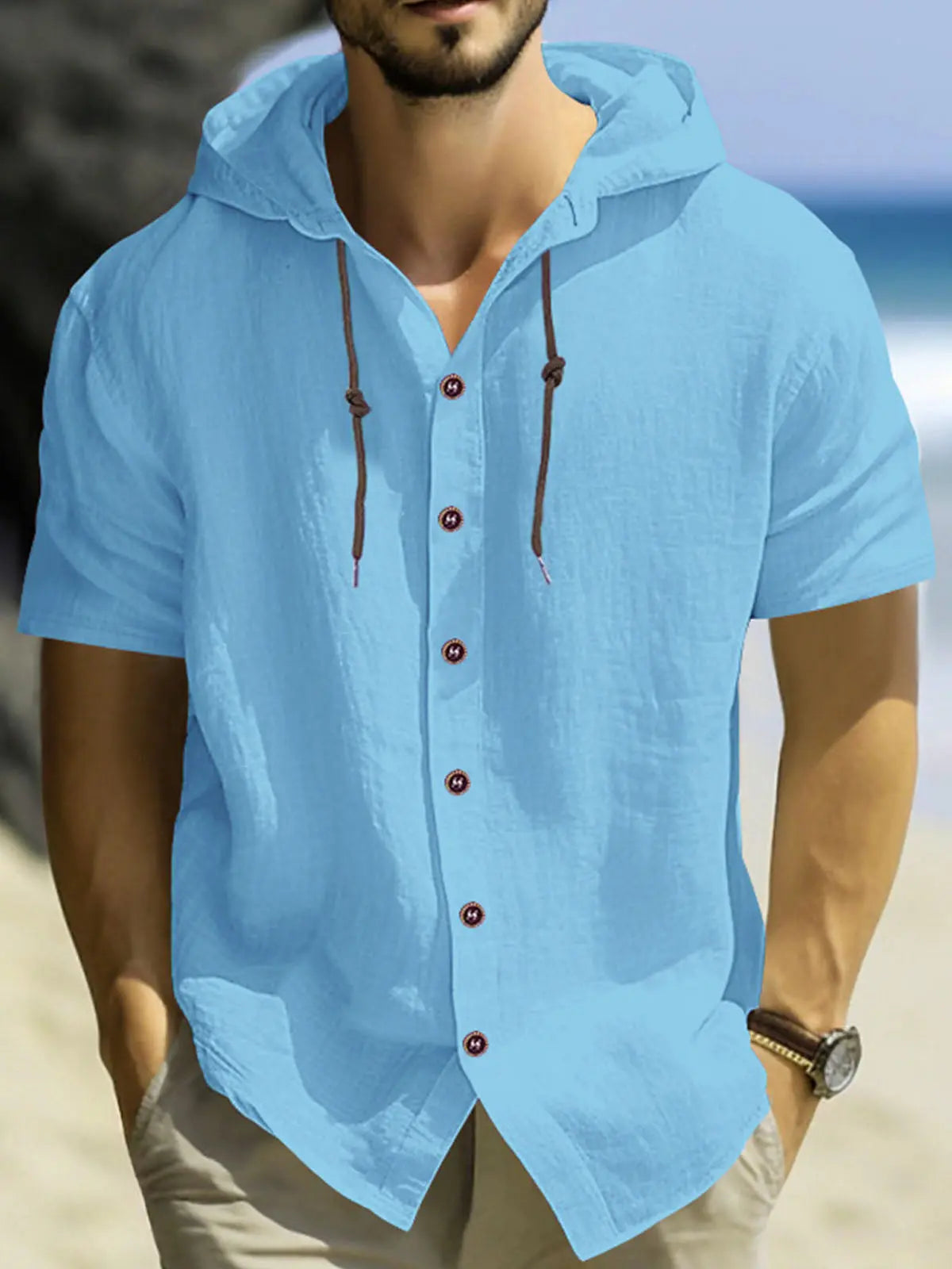 Men's Linen Blend Hooded Short Sleeve Shirt