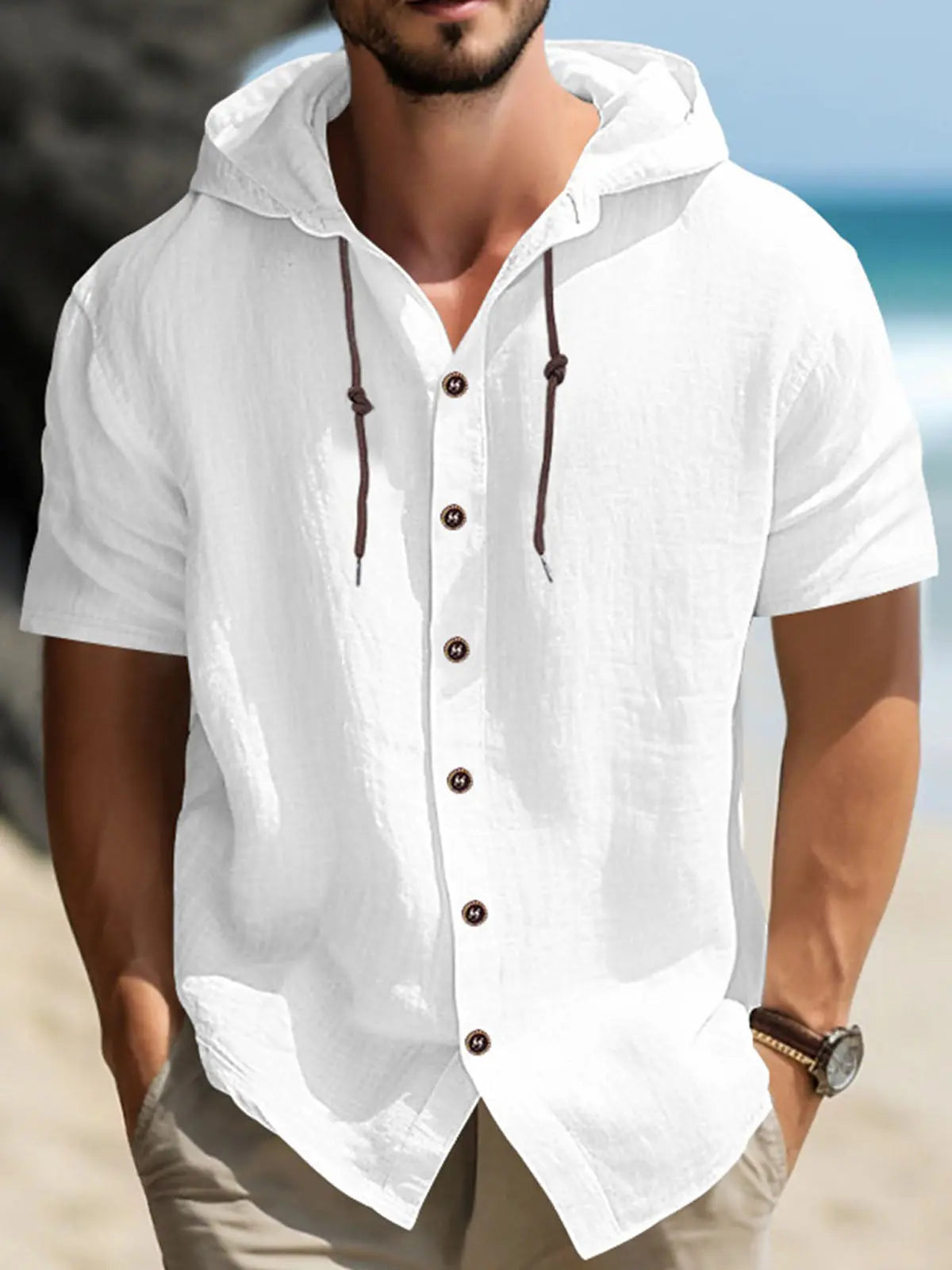 Men's Linen Blend Hooded Short Sleeve Shirt