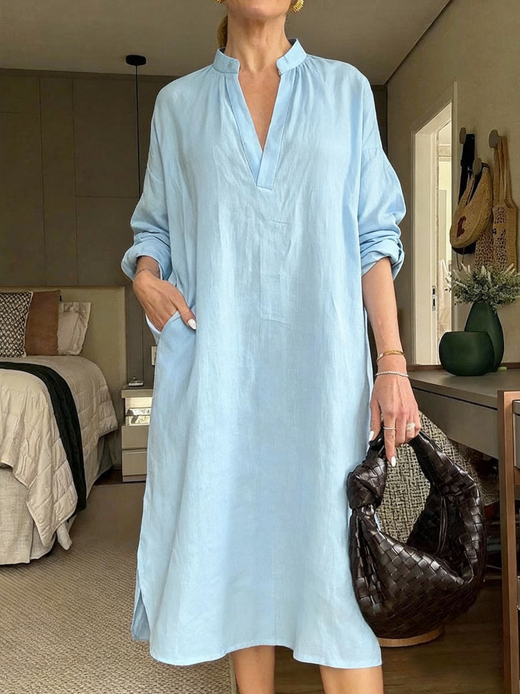 New Women’s Casual Loose-Fit Vintage Cotton-Linen Long Sleeve V-Neck Pocket Dress