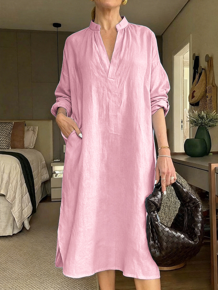 New Women’s Casual Loose-Fit Vintage Cotton-Linen Long Sleeve V-Neck Pocket Dress