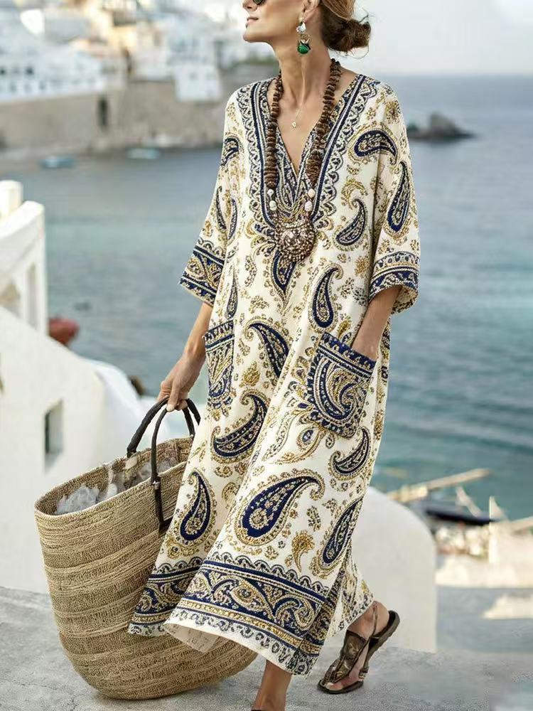 New Women's Casual Loose-Fit Fashion Printed V-Neck Mid-Sleeve Pocket Beach Dress