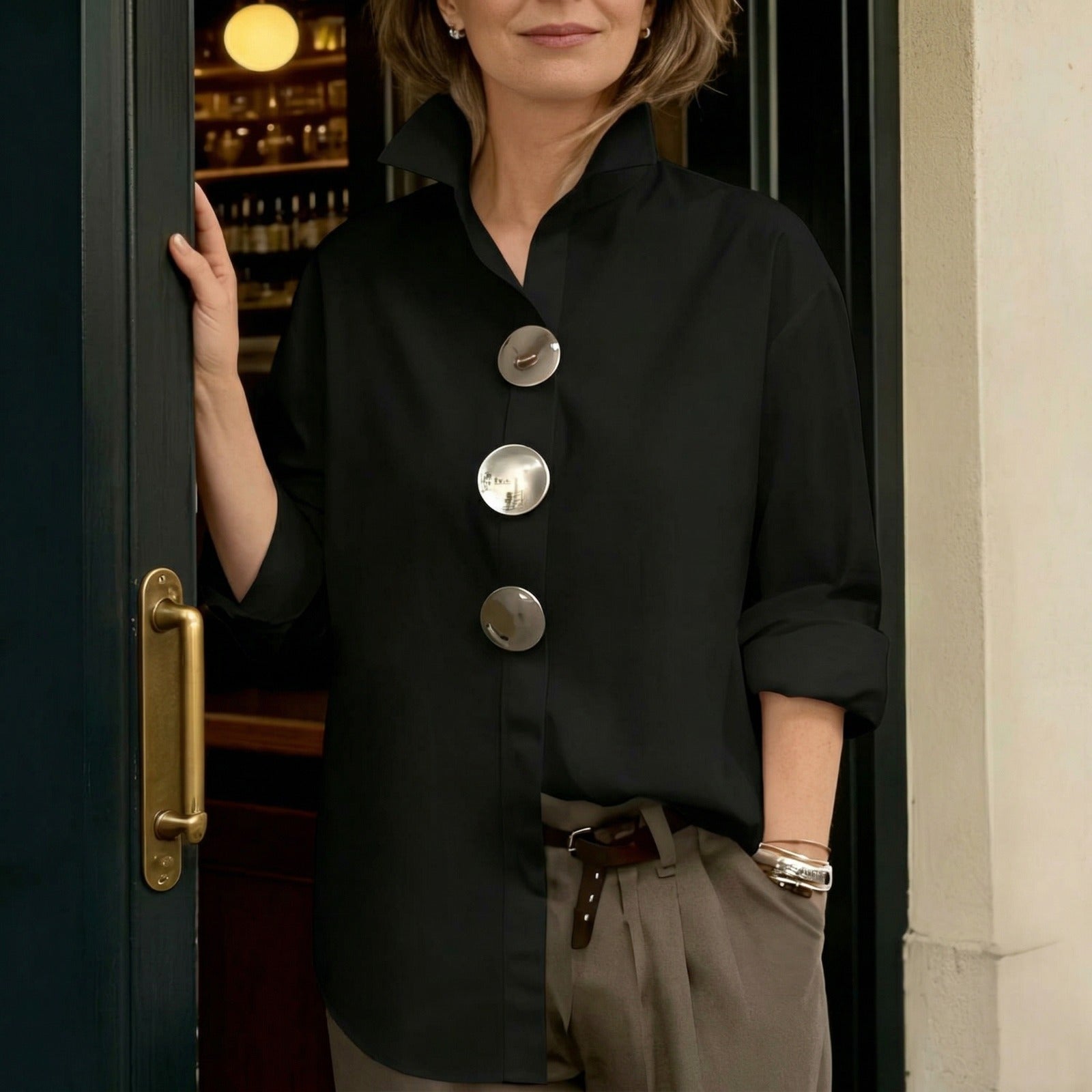 THEFASHIONRUYI™ Shirt with Structured Collar & Oversized Buttons