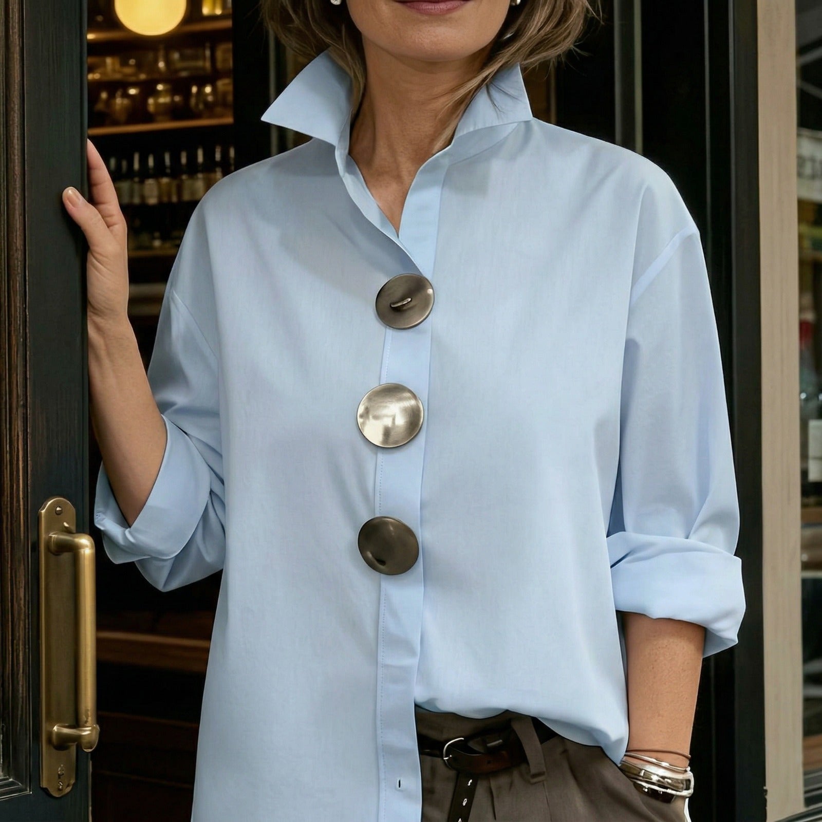 THEFASHIONRUYI™ Shirt with Structured Collar & Oversized Buttons
