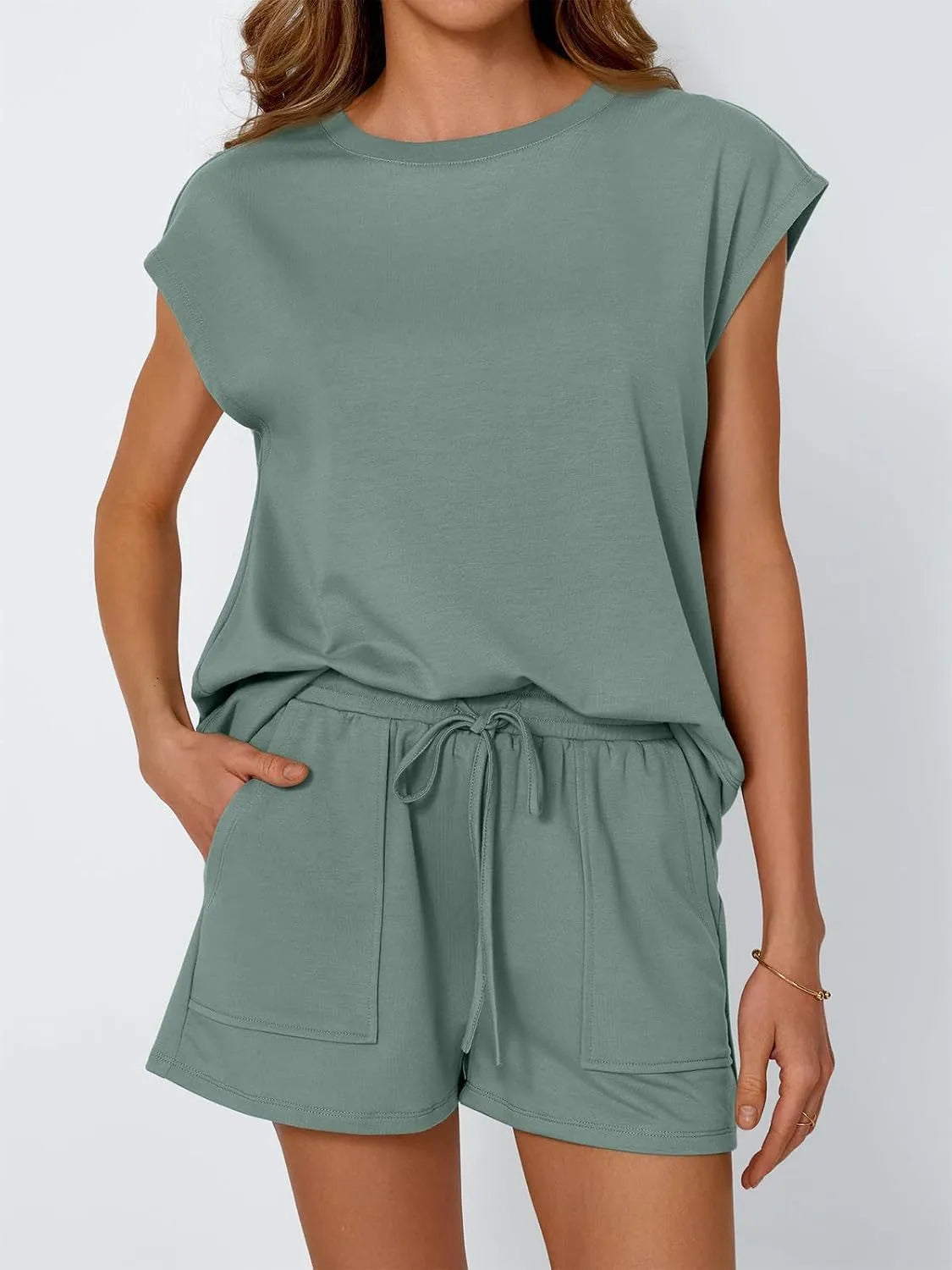 Round Neck Cap Sleeve Top and Shorts Set