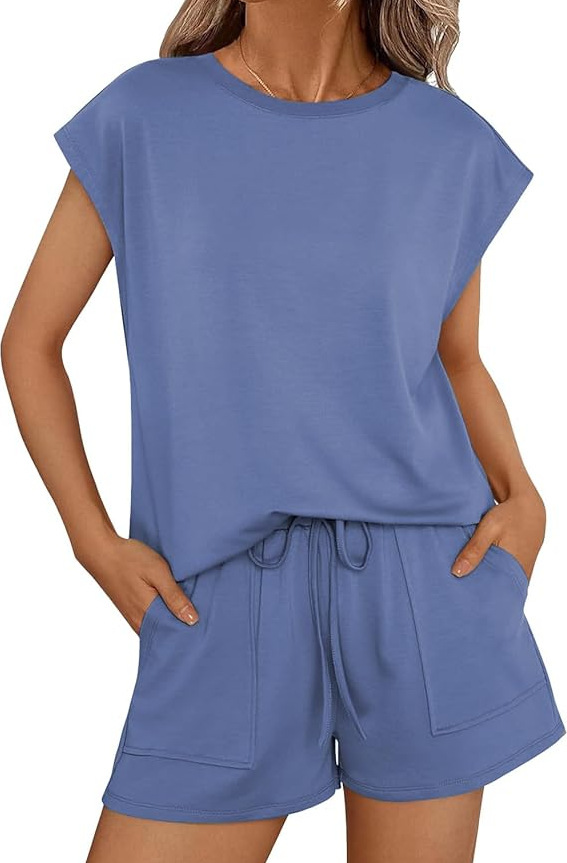Round Neck Cap Sleeve Top and Shorts Set