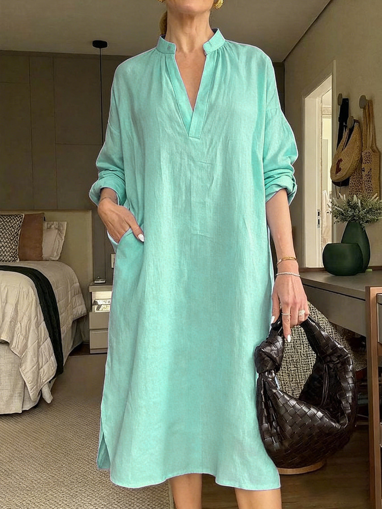 New Women’s Casual Loose-Fit Vintage Cotton-Linen Long Sleeve V-Neck Pocket Dress