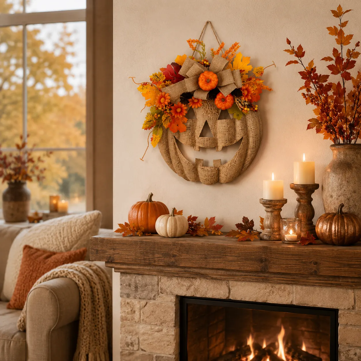 Lighted Burlap Pumpkin Wreath 🎃✨ Cozy Fall Door Decor with Warm LED String Lights