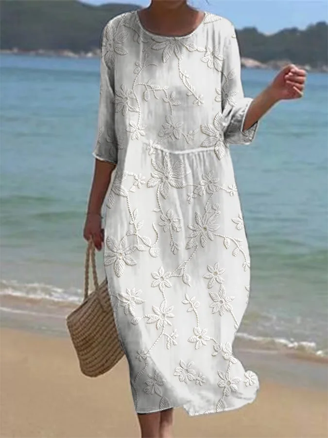 Women's Casual Solid Color Round Neck Mid-Sleeve Floral Print Cotton Linen Dress