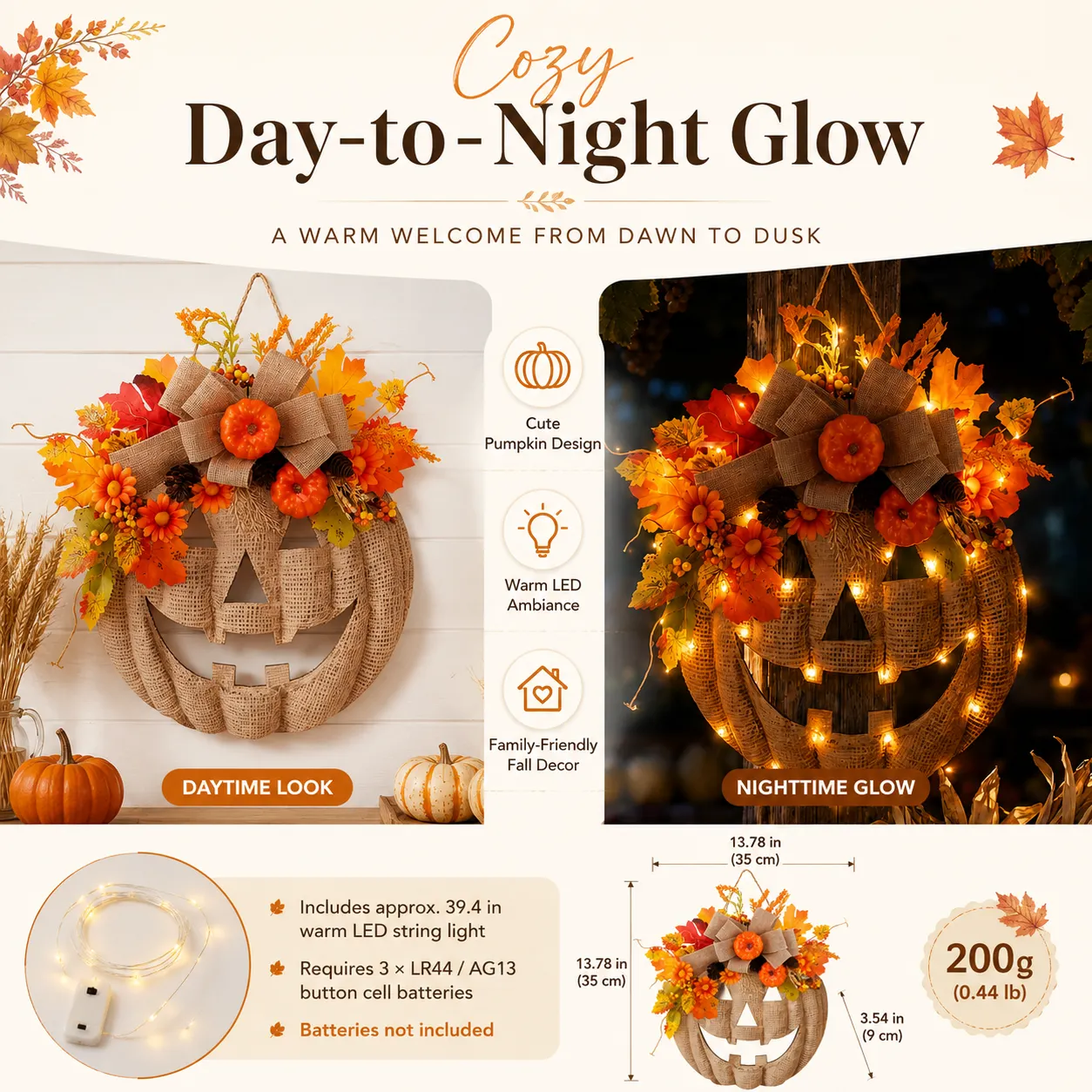 Lighted Burlap Pumpkin Wreath 🎃✨ Cozy Fall Door Decor with Warm LED String Lights