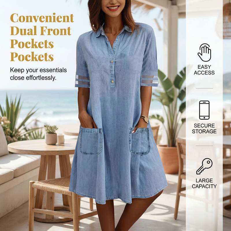 ⭐ 50% off! ⭐ Blue denim mini dress – collar, lace sleeves, side pockets. Casual meets elegant! 💃