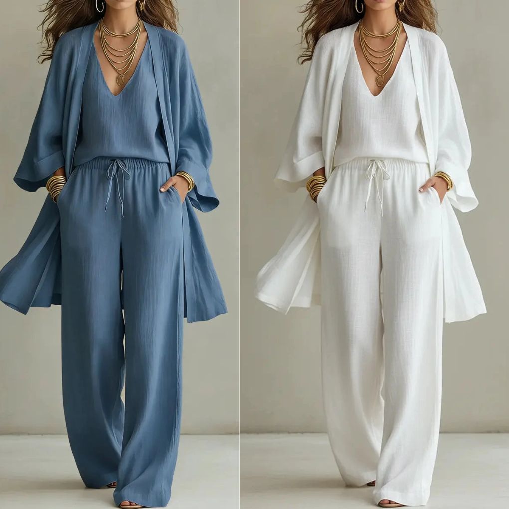 Women's Minimalist Cotton And Linen Wide-leg Pants Three-piece Set