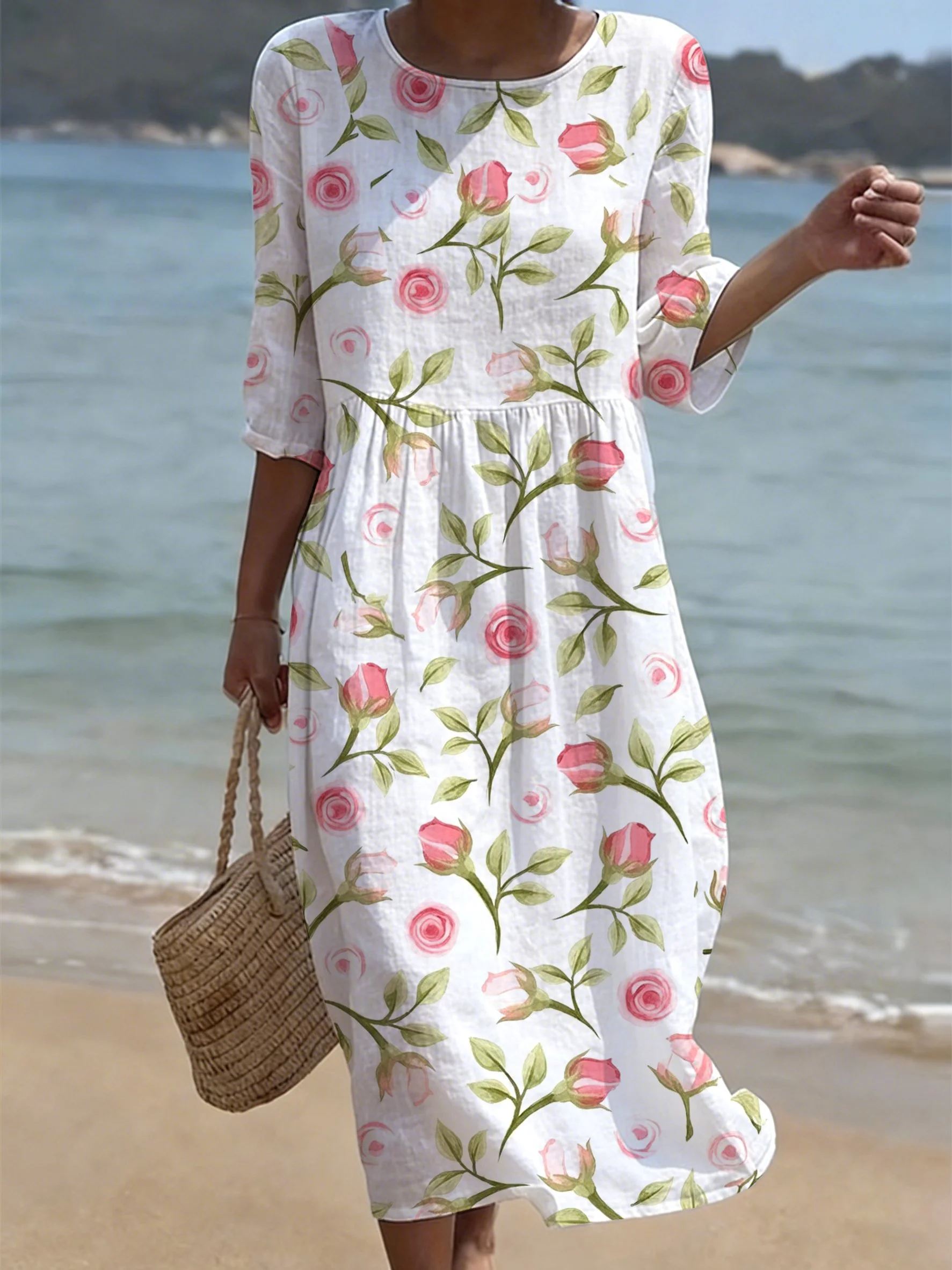 Women's Casual Solid Color Round Neck Mid-Sleeve Floral Print Cotton Linen Dress