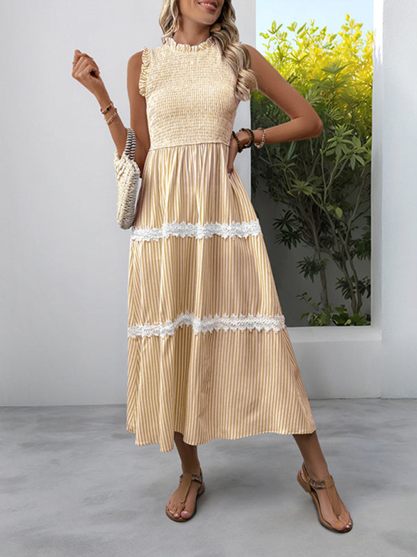 New Ruffled Round Neck Sleeveless Vest Striped Dress