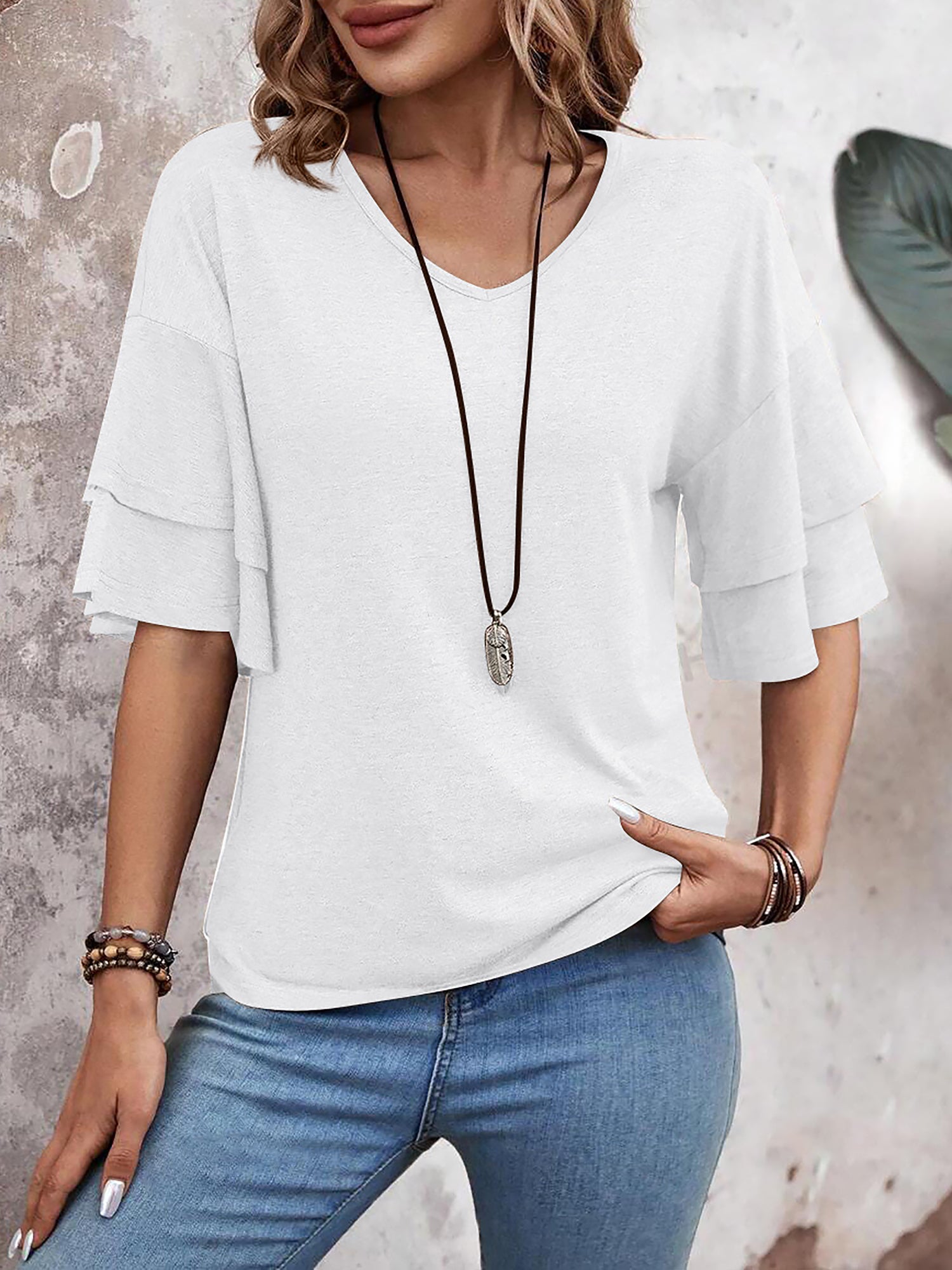 🔥Last Day 50% OFF 🌸- Solid Color V Neck Layered Sleeve Casual Blouse