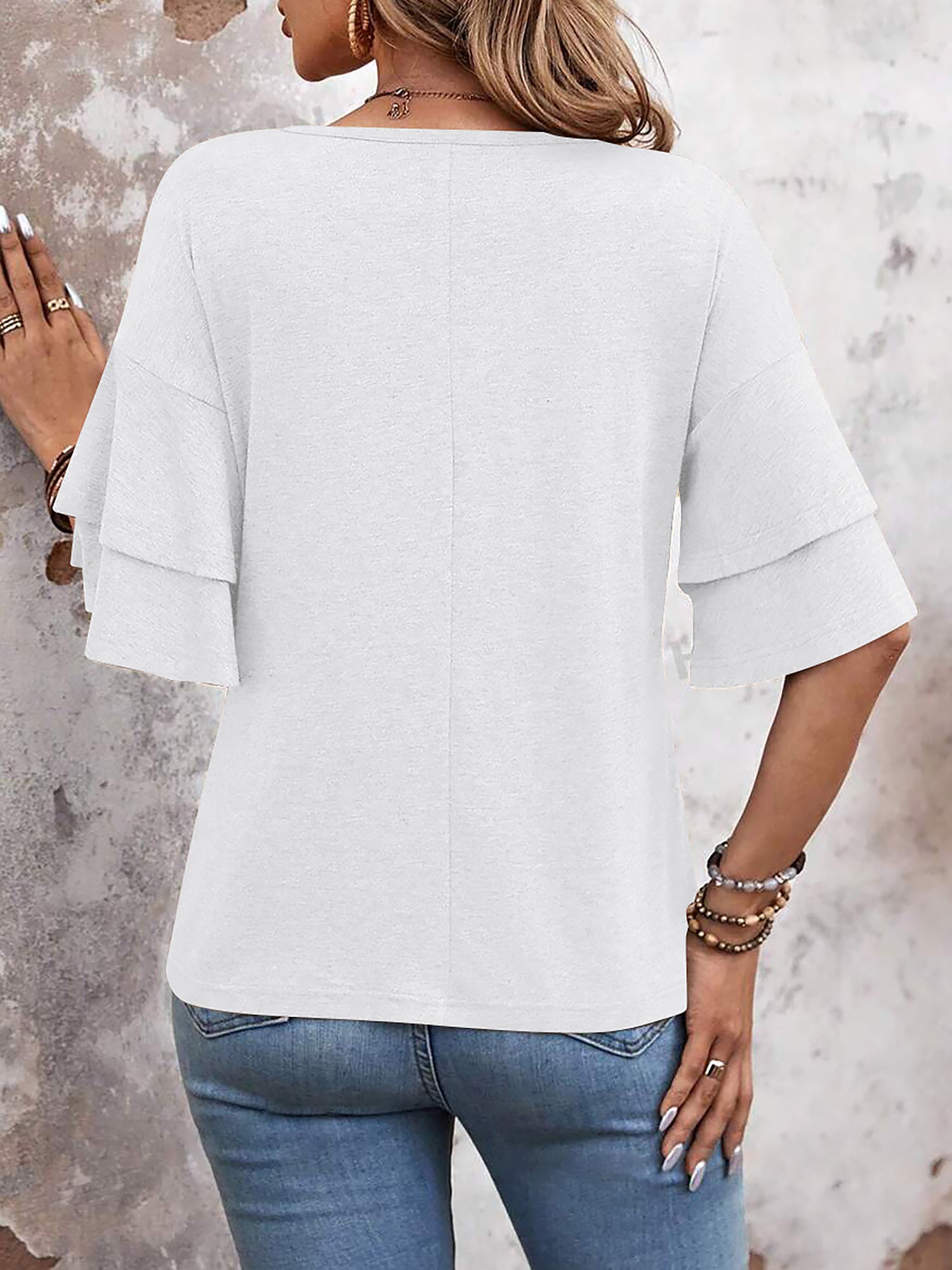 🔥Last Day 50% OFF 🌸- Solid Color V Neck Layered Sleeve Casual Blouse