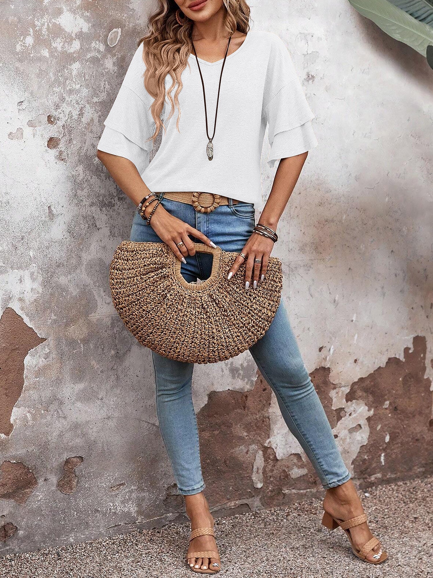 🔥Last Day 50% OFF 🌸- Solid Color V Neck Layered Sleeve Casual Blouse