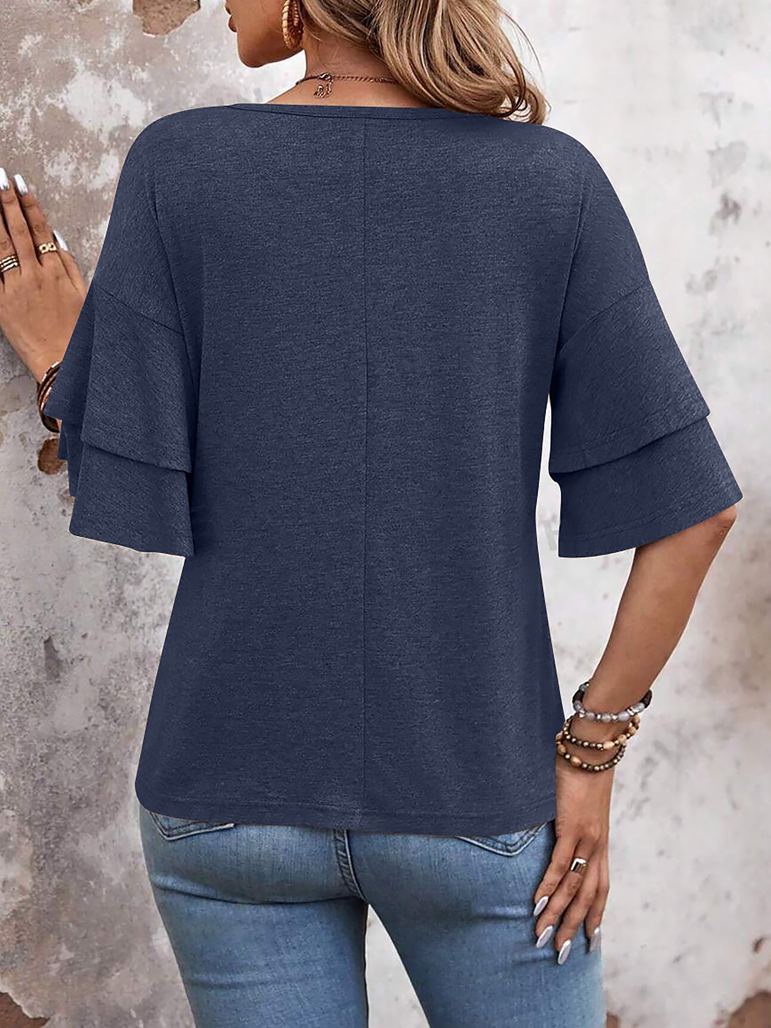 🔥Last Day 50% OFF 🌸- Solid Color V Neck Layered Sleeve Casual Blouse