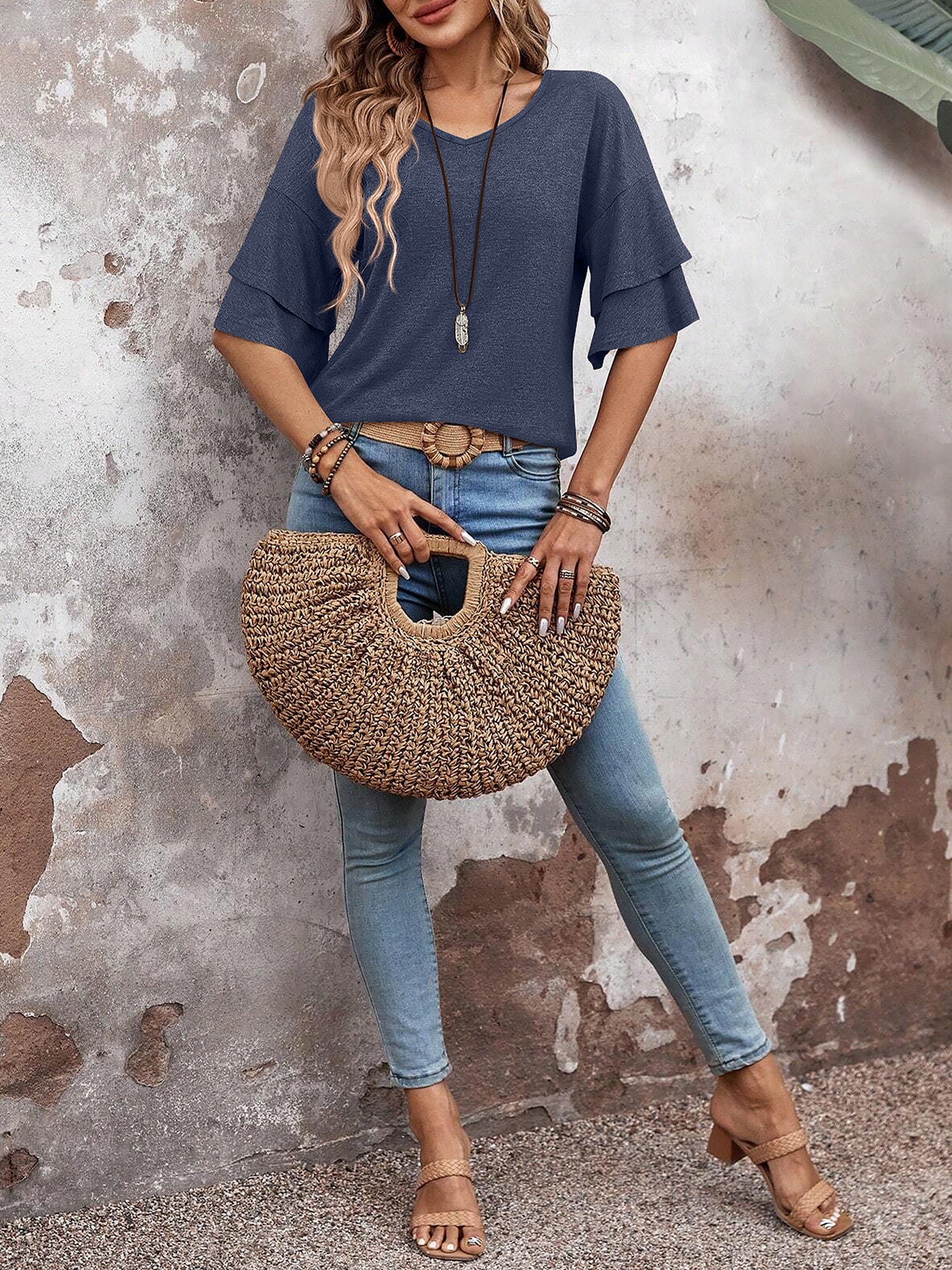 🔥Last Day 50% OFF 🌸- Solid Color V Neck Layered Sleeve Casual Blouse