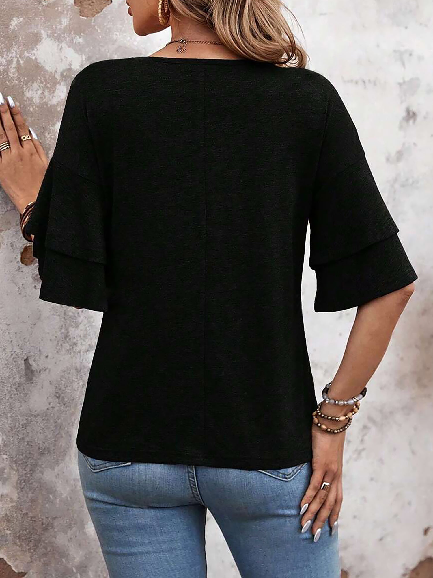 🔥Last Day 50% OFF 🌸- Solid Color V Neck Layered Sleeve Casual Blouse