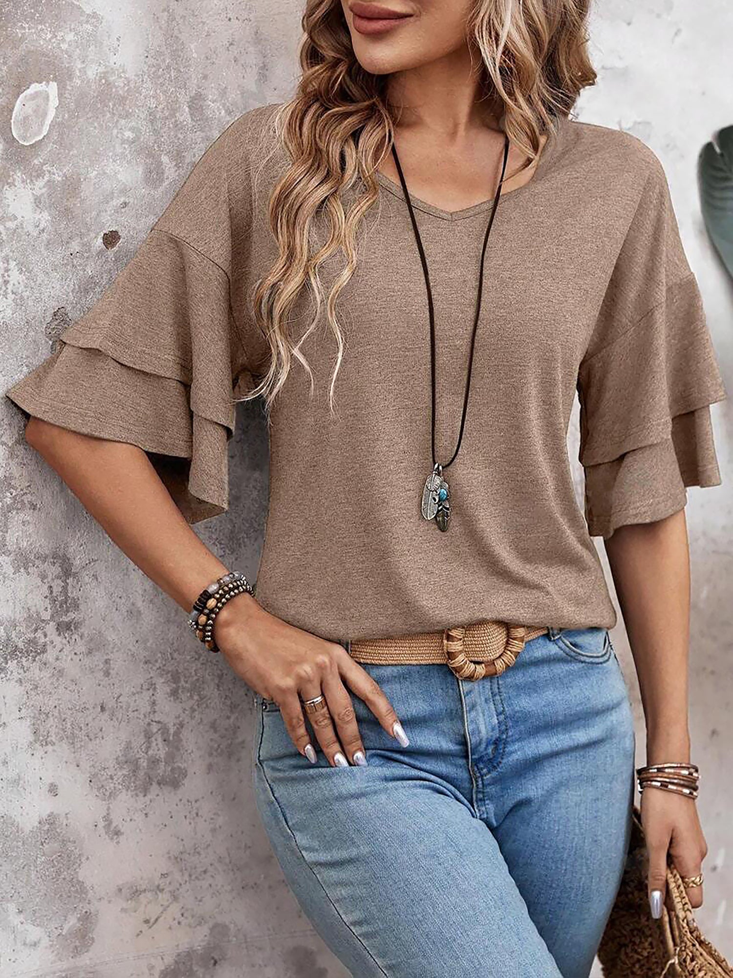🔥Last Day 50% OFF 🌸- Solid Color V Neck Layered Sleeve Casual Blouse