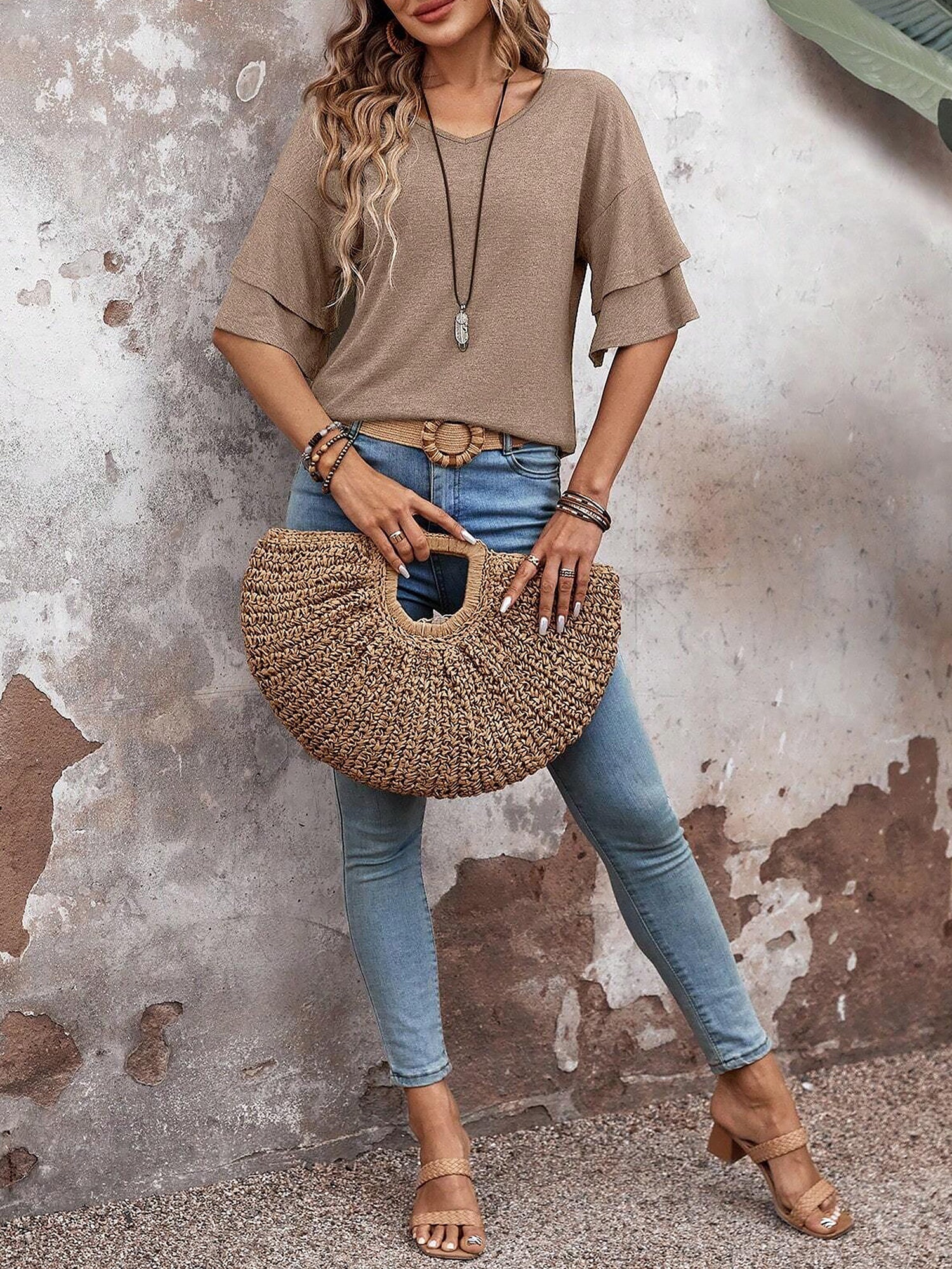 🔥Last Day 50% OFF 🌸- Solid Color V Neck Layered Sleeve Casual Blouse