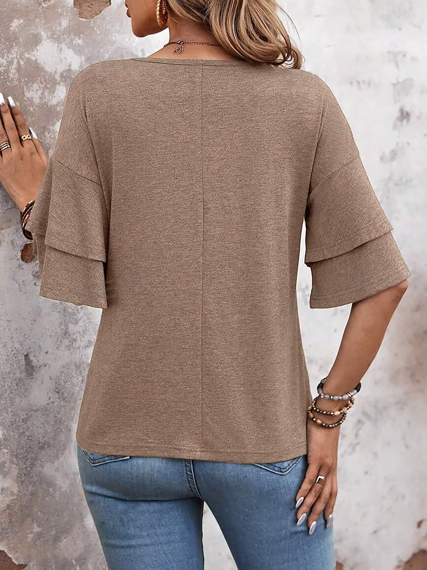 🔥Last Day 50% OFF 🌸- Solid Color V Neck Layered Sleeve Casual Blouse
