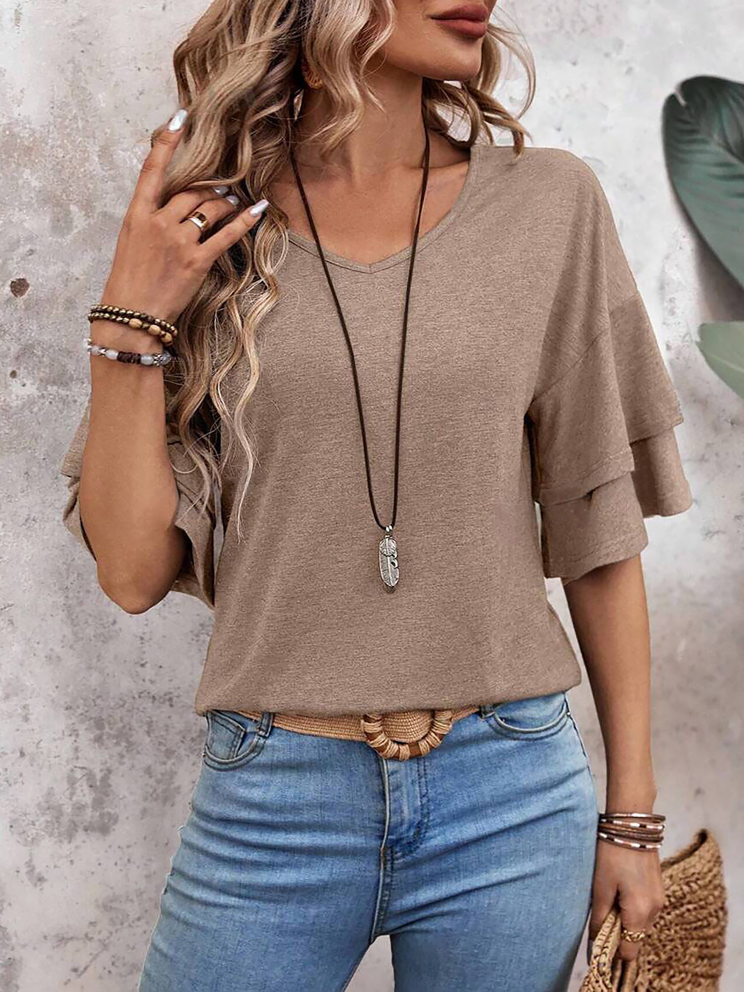 🔥Last Day 50% OFF 🌸- Solid Color V Neck Layered Sleeve Casual Blouse