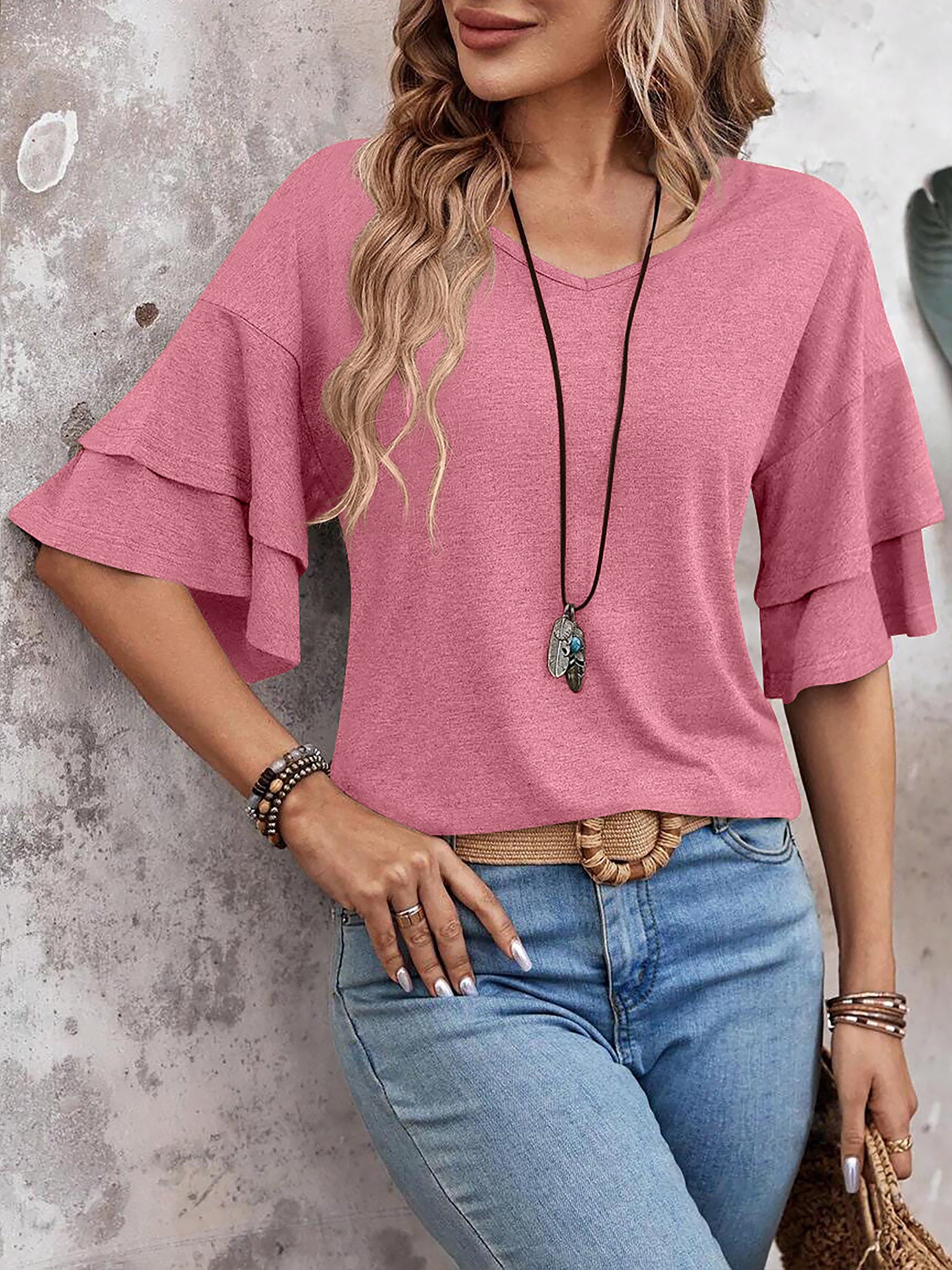 🔥Last Day 50% OFF 🌸- Solid Color V Neck Layered Sleeve Casual Blouse