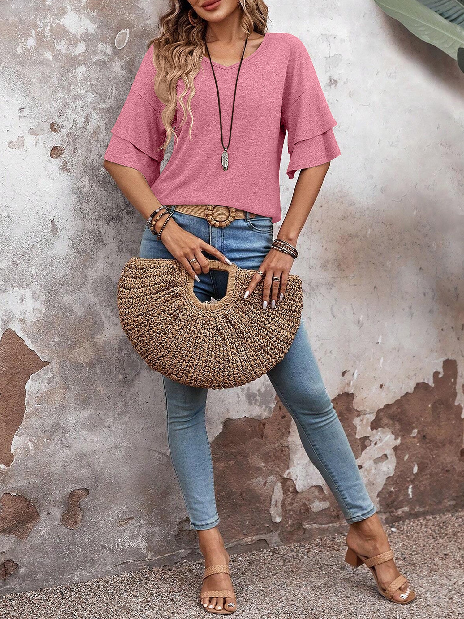🔥Last Day 50% OFF 🌸- Solid Color V Neck Layered Sleeve Casual Blouse