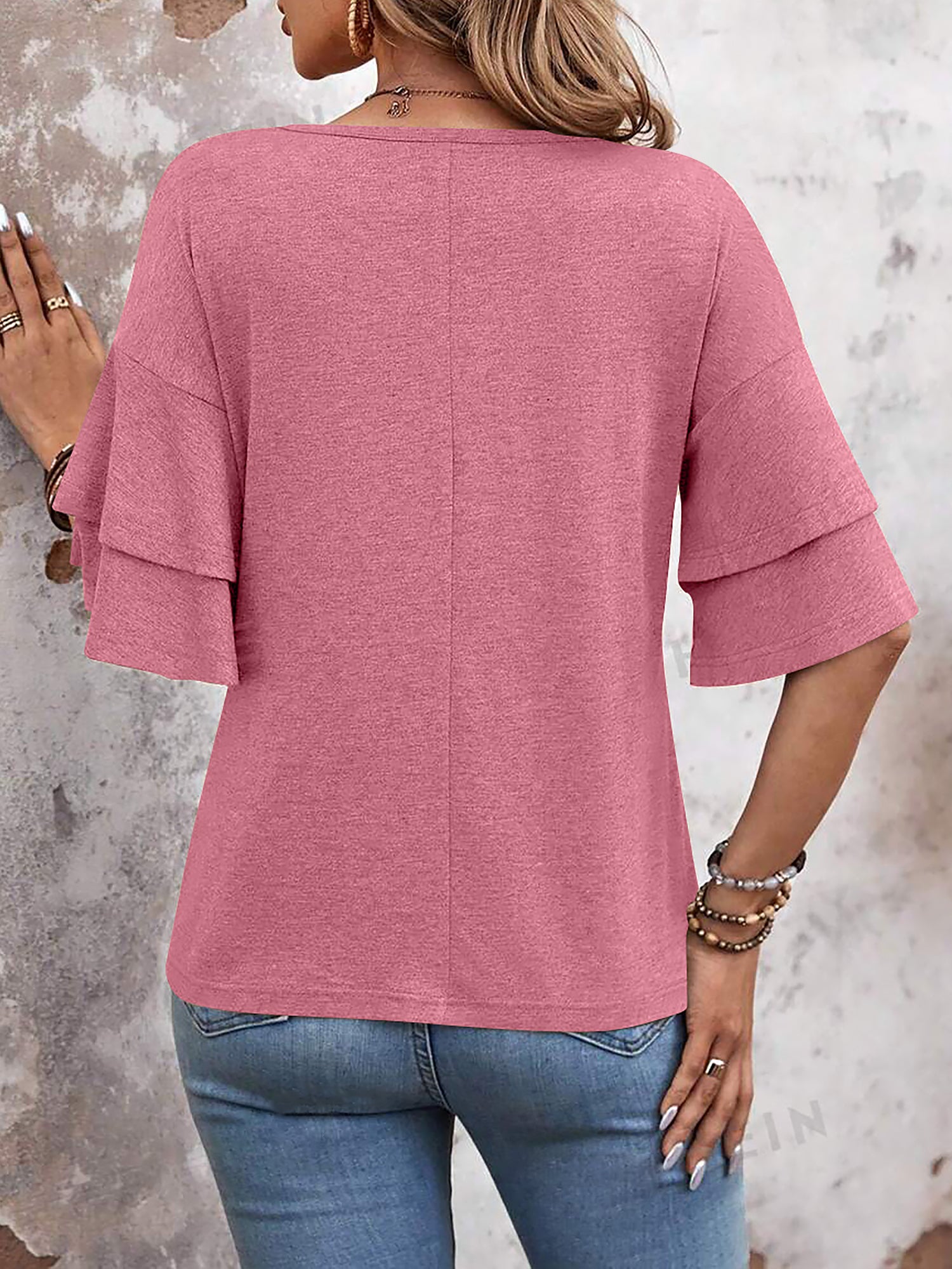 🔥Last Day 50% OFF 🌸- Solid Color V Neck Layered Sleeve Casual Blouse