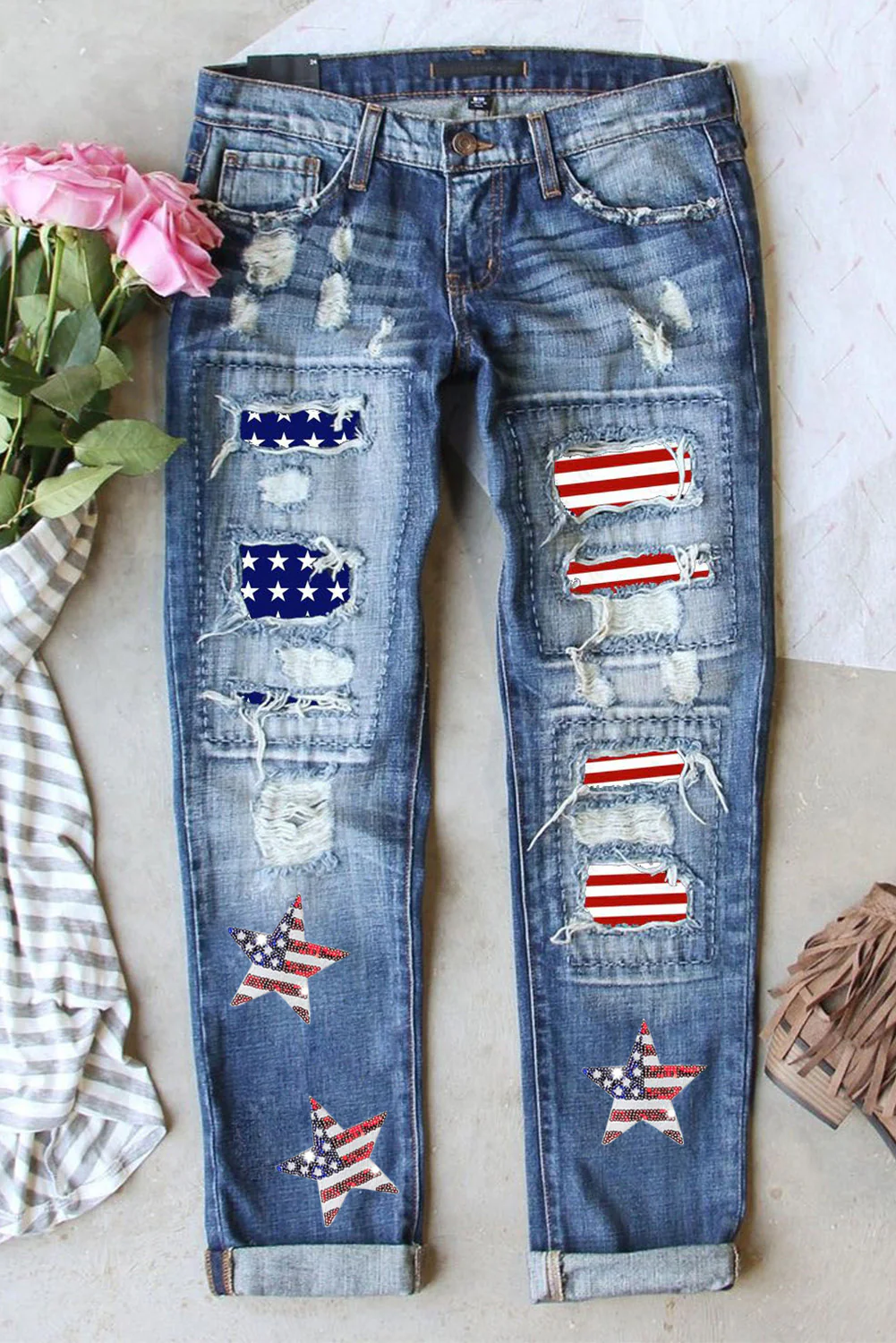 American Flag Star Graphic Straight Jeans