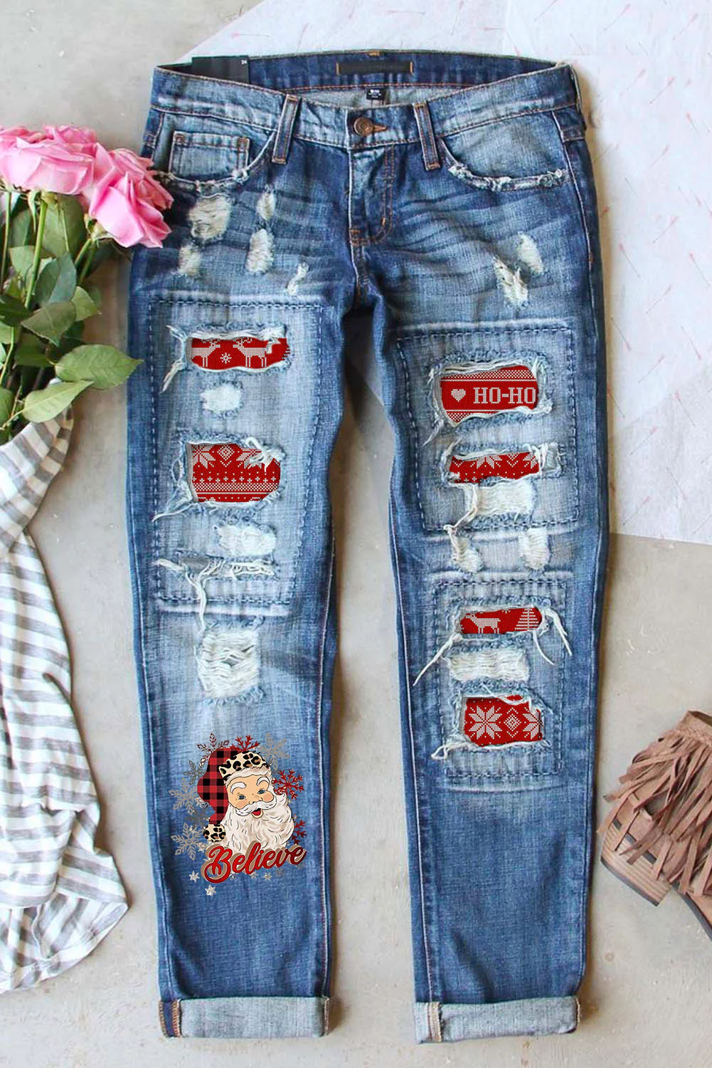 Santa Claus Pattern Boyfriend Jeans
