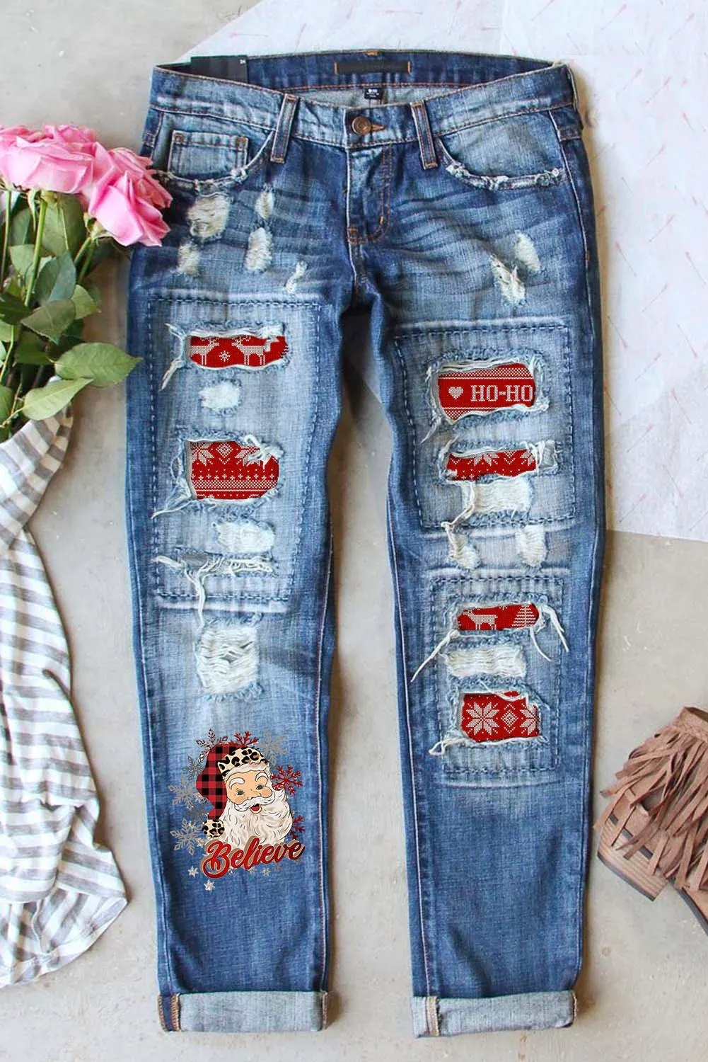 Santa Claus Pattern Boyfriend Jeans